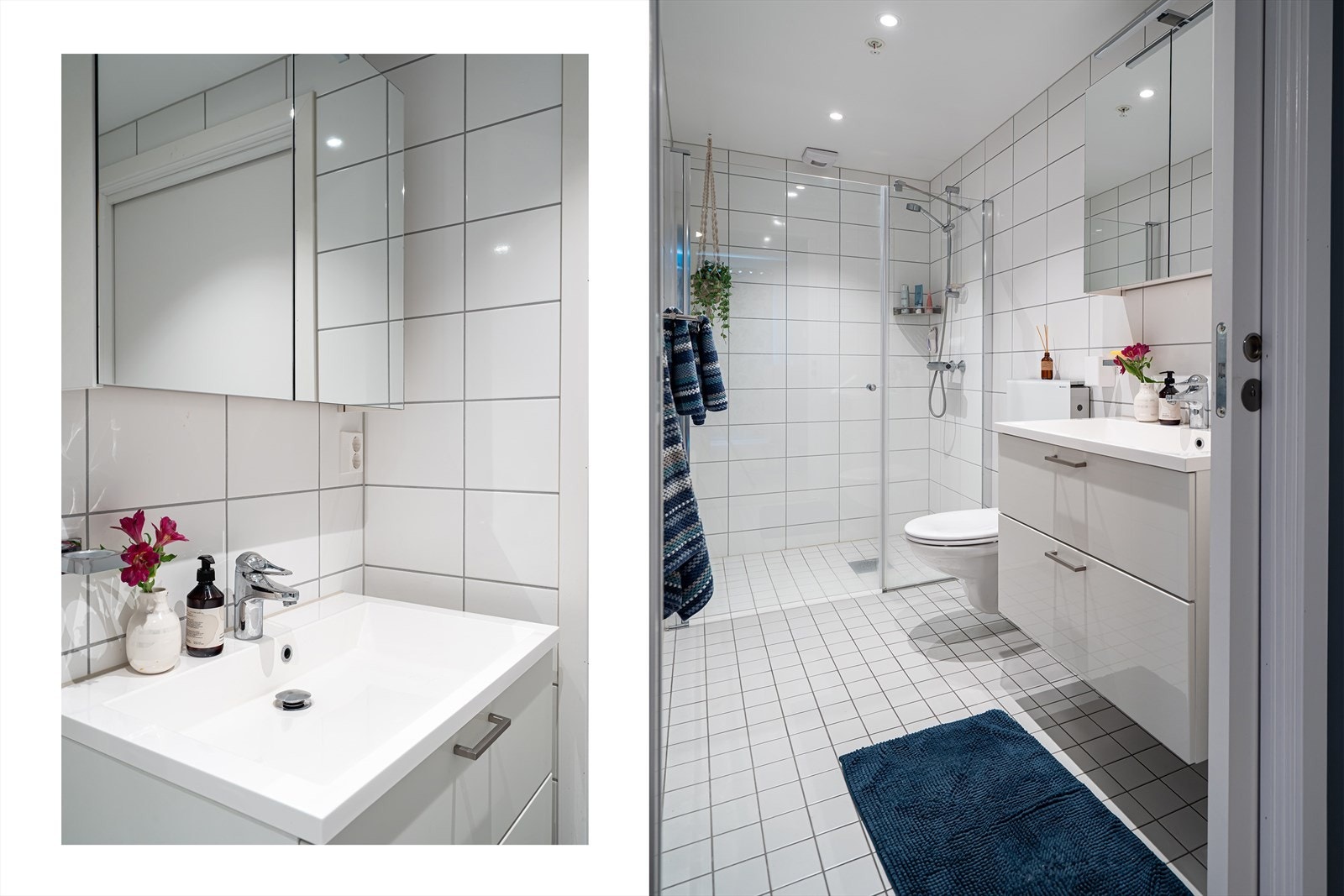 Privat bad tilknyttet hovedsoverommet, innredet med helfliser, gulvvarme, LED-downlights og dusjhjørne. Galleribilde