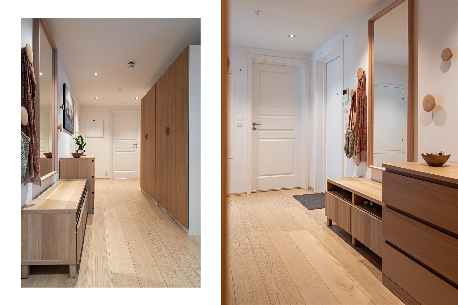 Her er det god plass til å henge fra seg yttertøy i en praktisk garderobe og alle rom er lett tilgjengelige herfra. Et moderne callinganlegg med skjerm gir trygghet og enkel tilgangskontroll. Galleribilde