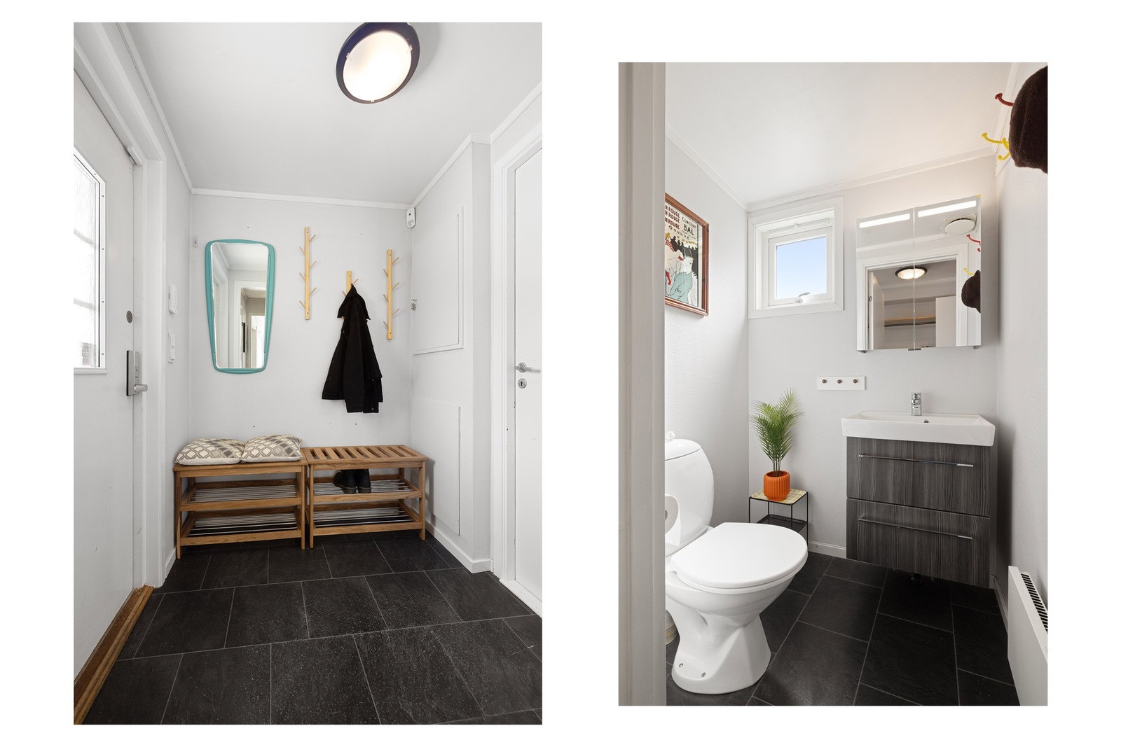 Et pent inngangsparti som gir et godt førsteinntrykk av boligen med separat wc-rom / gjestetoalett Galleribilde