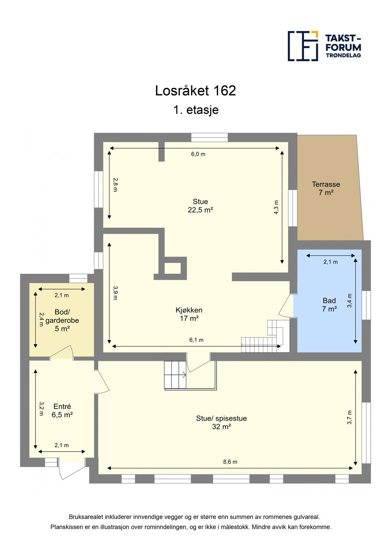 Planskisse 1.etg. hovedhus med arealer. Galleribilde