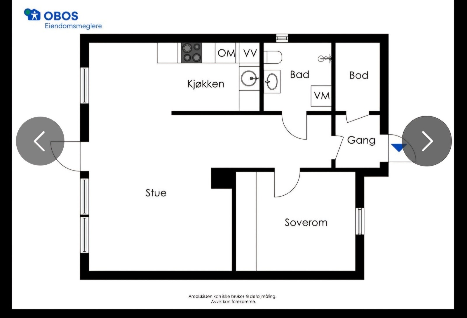 Tidligere planløsning. Vegg inn til bod og gang er blitt revet. Samt deler av veggen ved kjøkkenet Galleribilde