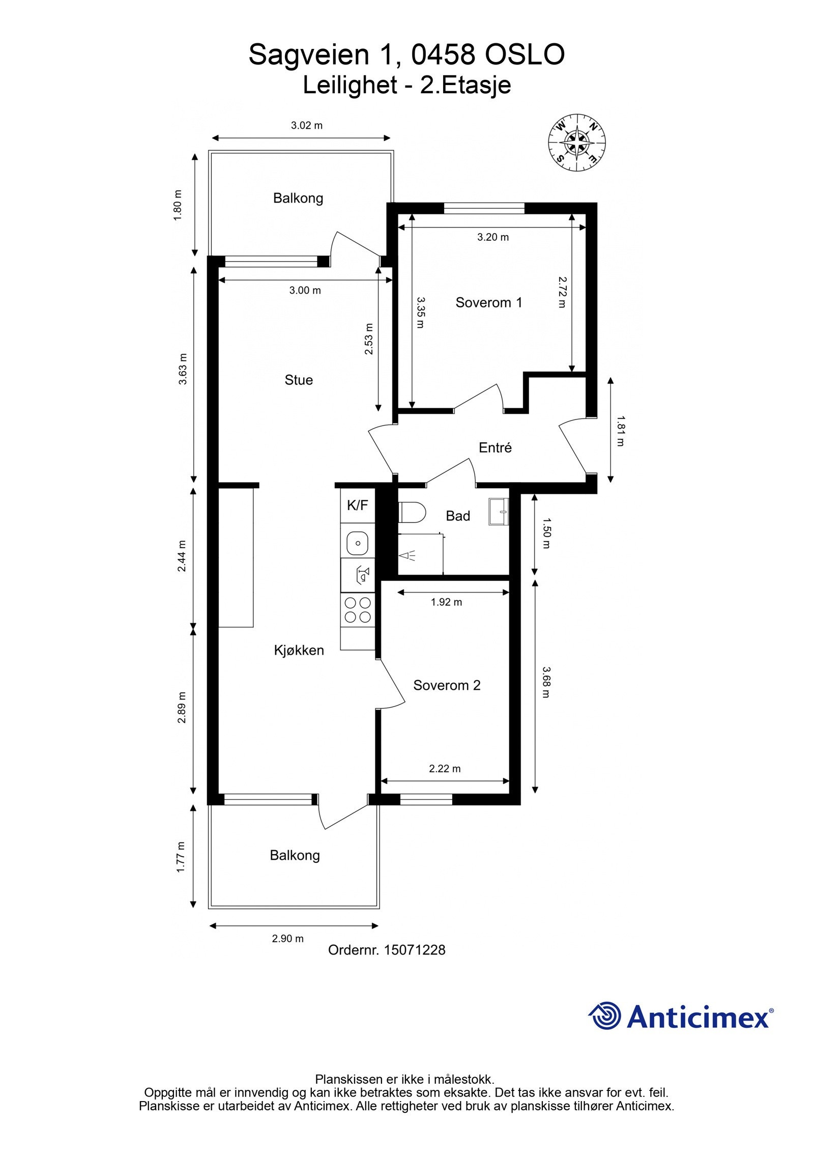 Plantegning. I tillegg disponerer leiligheten en bod på ca. 5m² i 1. etasje. Heis i bygget. Galleribilde