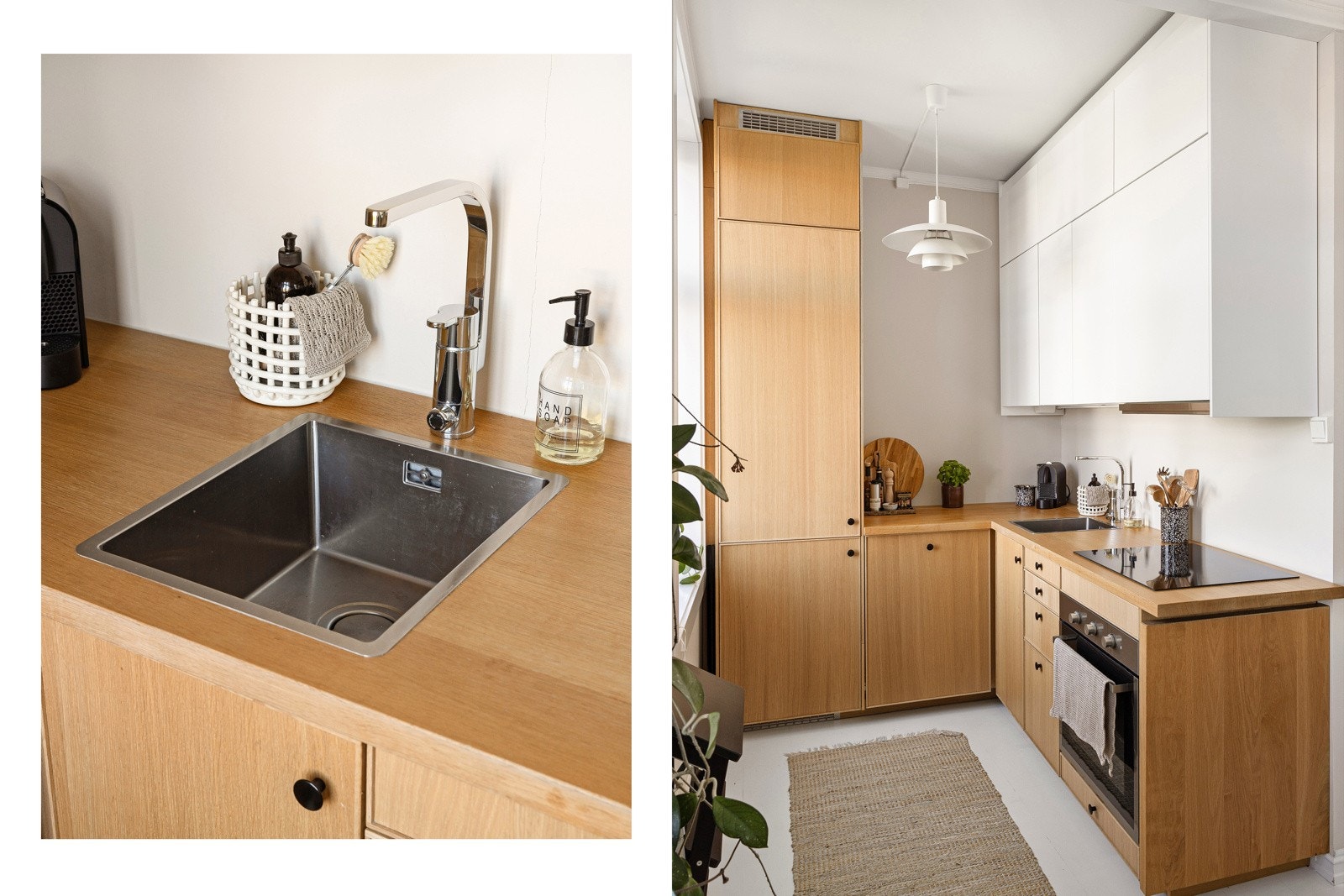 Benkeplate med nedfelt stålkum og ett-greps armatur i krom. Integrerte hvitevarer fra Ikea som oppvaskmaskin, kjøl/frys, stekeovn og platetopp samt avtrekksvifte Galleribilde