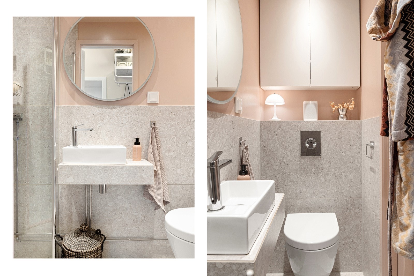 Flislagt bad oppusset i 2019 med varmekabler, dusjnisje, veggmontert servant og innebygget sisterne med vegghengt toalett Galleribilde