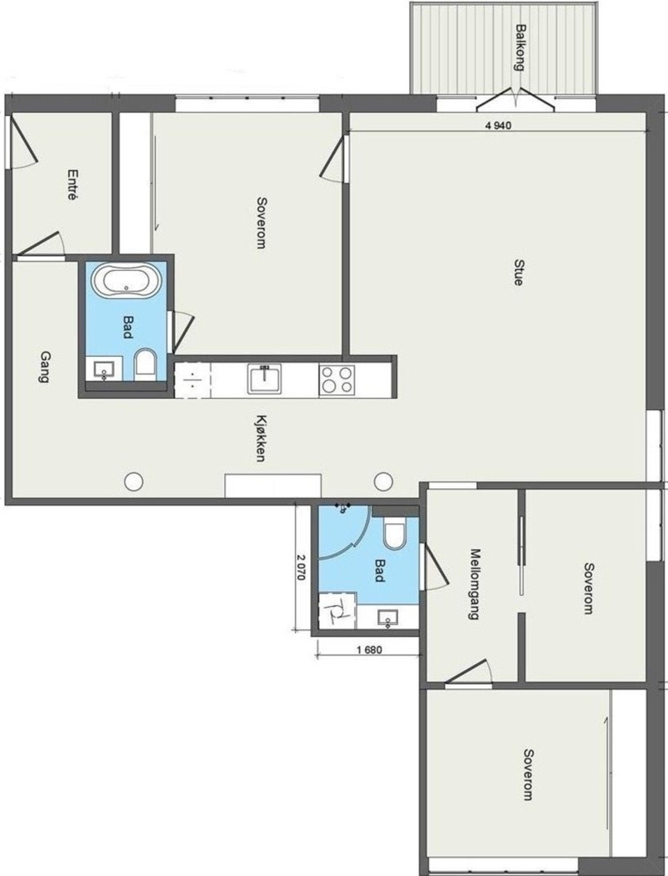 Alternativ plantegning med 3 sov inkl. Hybel. Galleribilde
