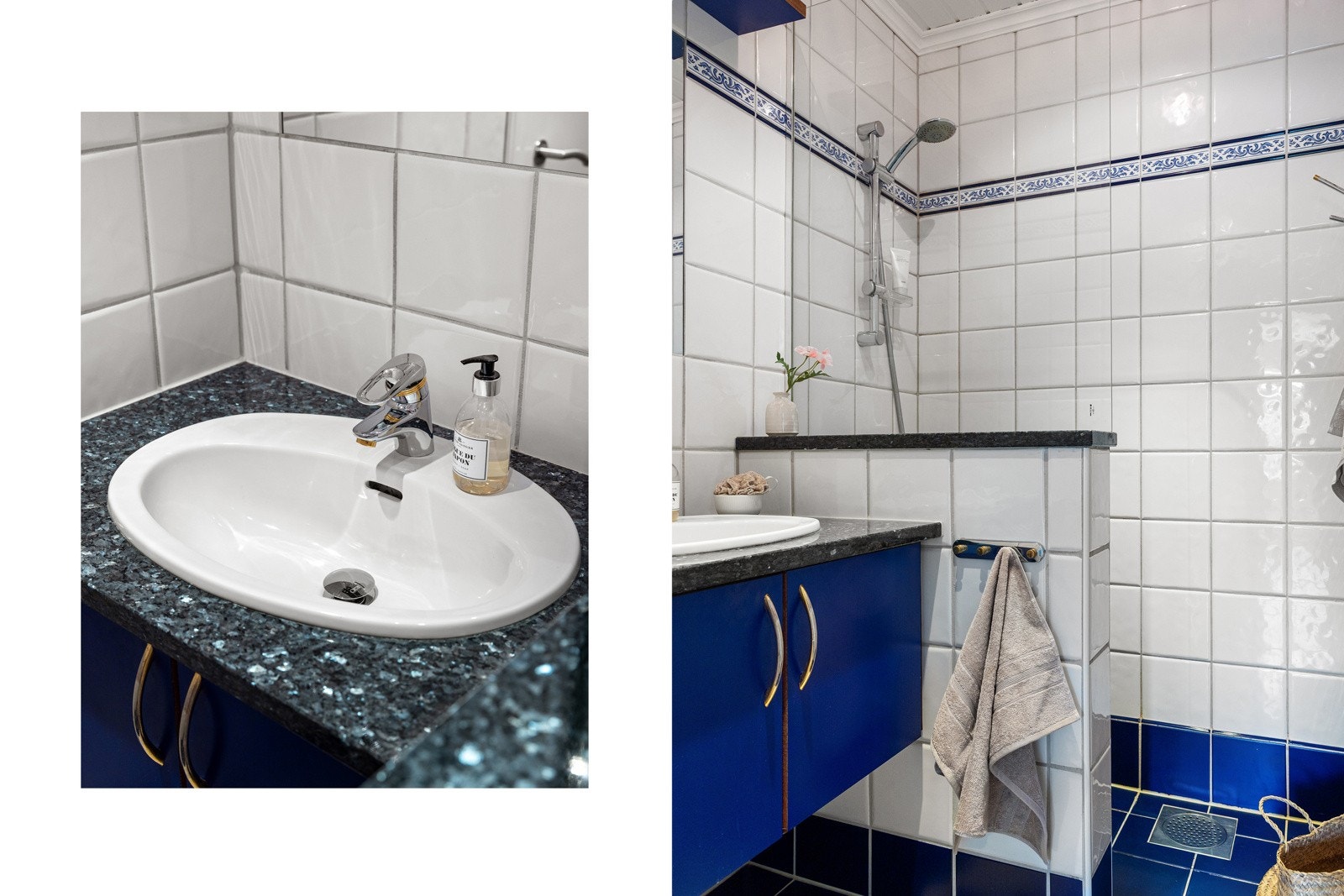 Flislagt dusjbad med varmekabler, dusjnisje og veggmontert servantskap. Badet har naturlig oppdriftsventilasjon Galleribilde