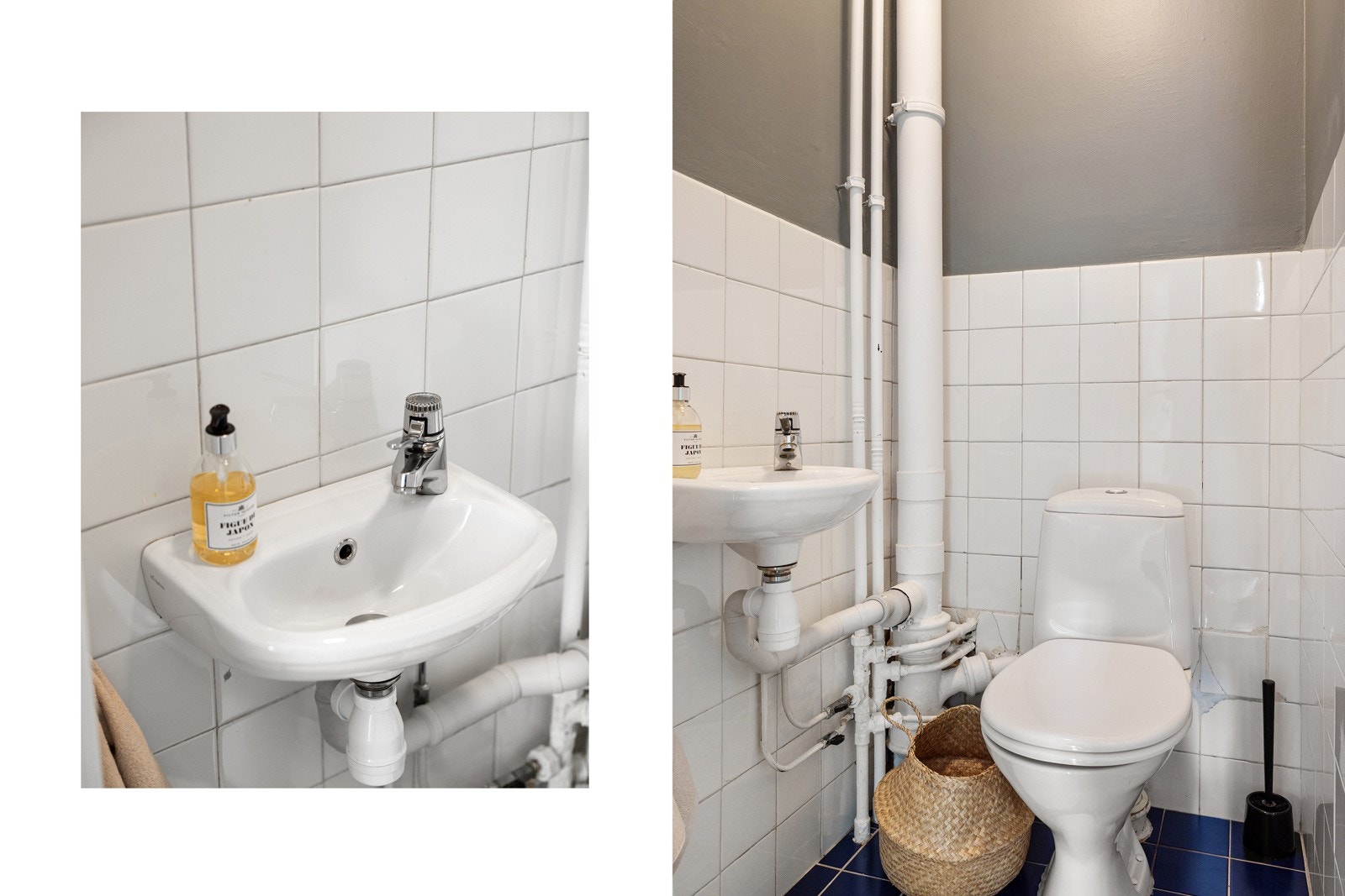 Flislagt toalettrom med dels malte vegger og malt takflate. Veggmontert servant med ett-greps armatur i krom Galleribilde