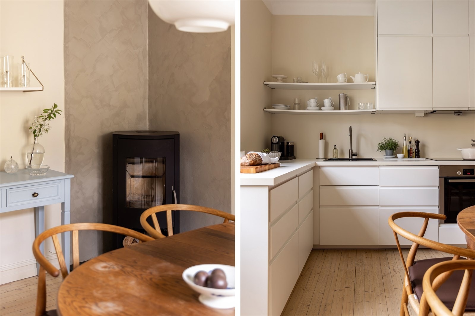 I hjørnet står en stilren vedovn som gir ekstra varme og en lun atmosfære. Galleribilde