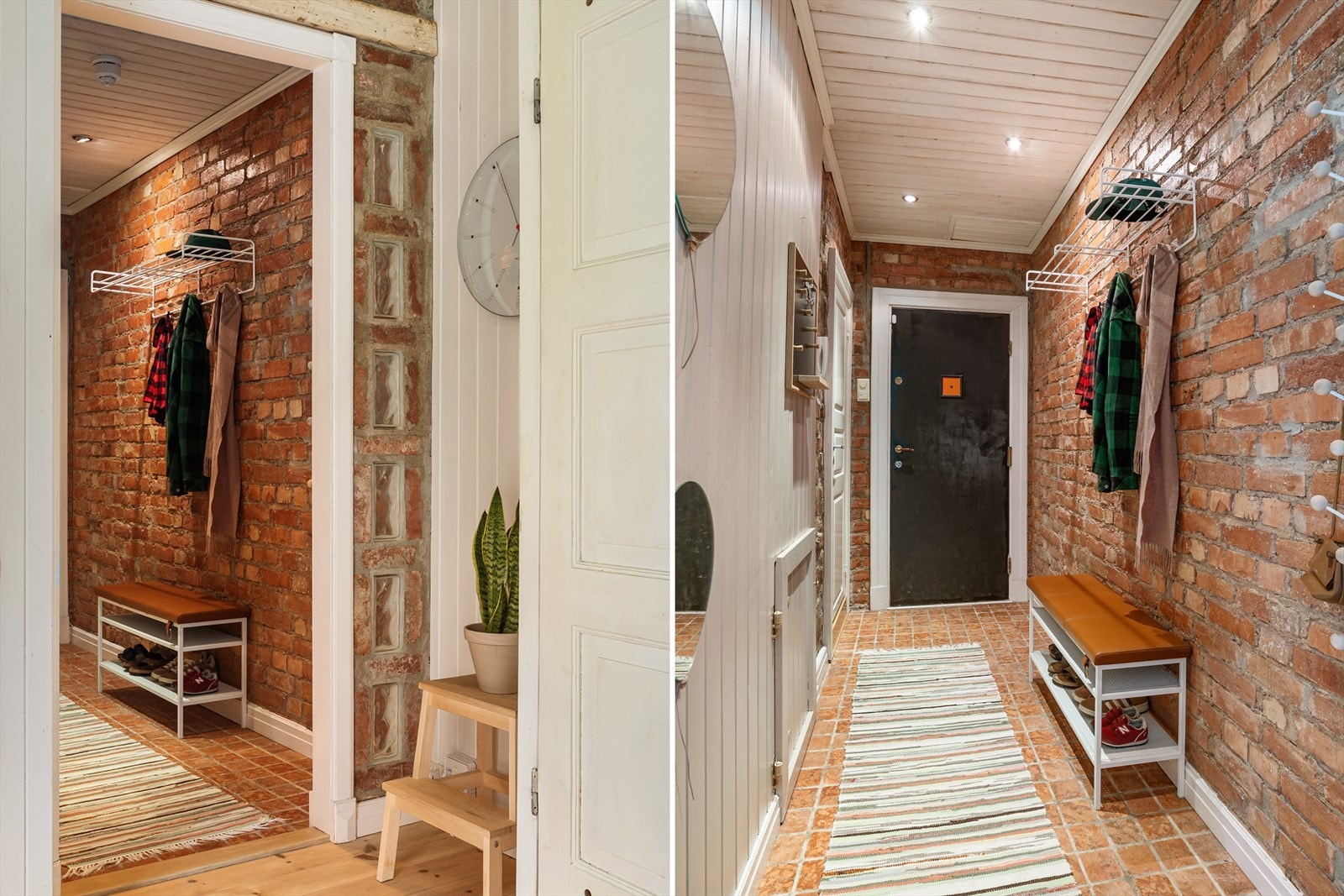 Det første du møter er et nydelig inngangsparti med synlig teglsten og flislagt gulv med varmekabler. Galleribilde