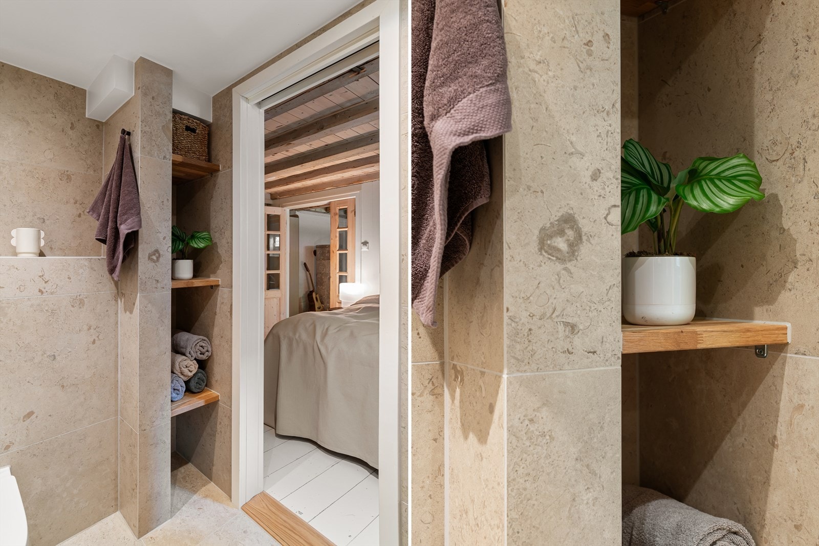 Bad i underetasje er også pent fagmessig utført med flere smarte detaljer med blant annet integrerte hyller. Galleribilde