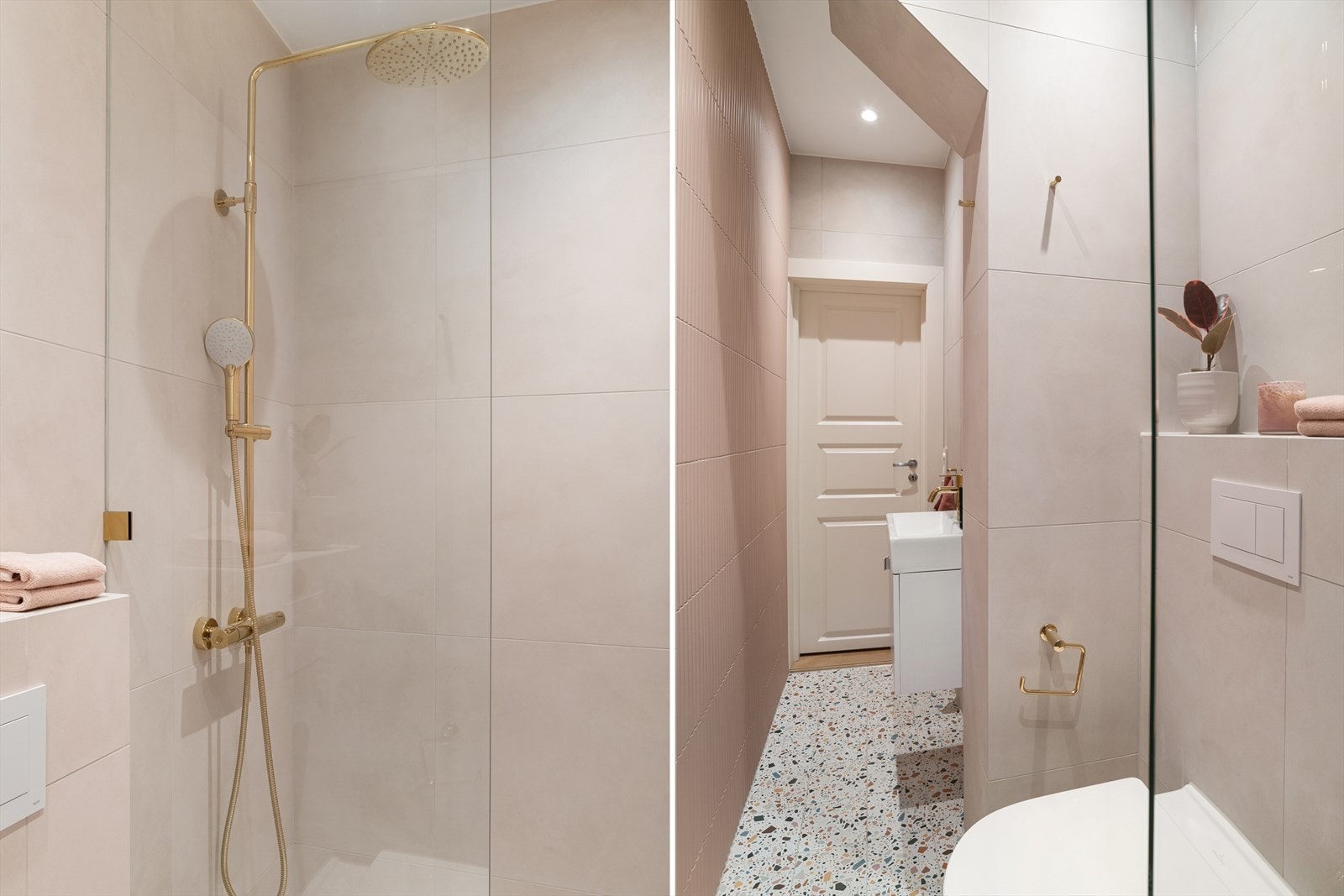 De gamle badene ble revet og bygget opp fra bunn av med blant annet nye sluk, membran, fliser, toalett, servant, dusj og armaturer, m.m. Galleribilde