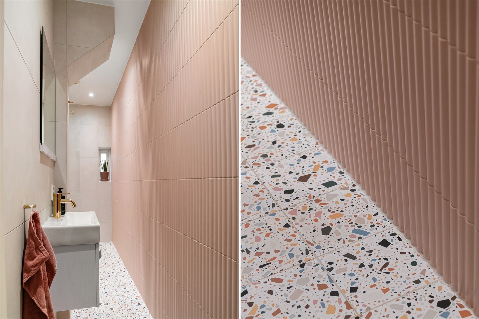 Rett ved siden av gangen har du tilgang til det første av to bad i boligen. Oslo Bad og Renovering AS pusset opp begge badene i leiligheten våren 2022. Galleribilde