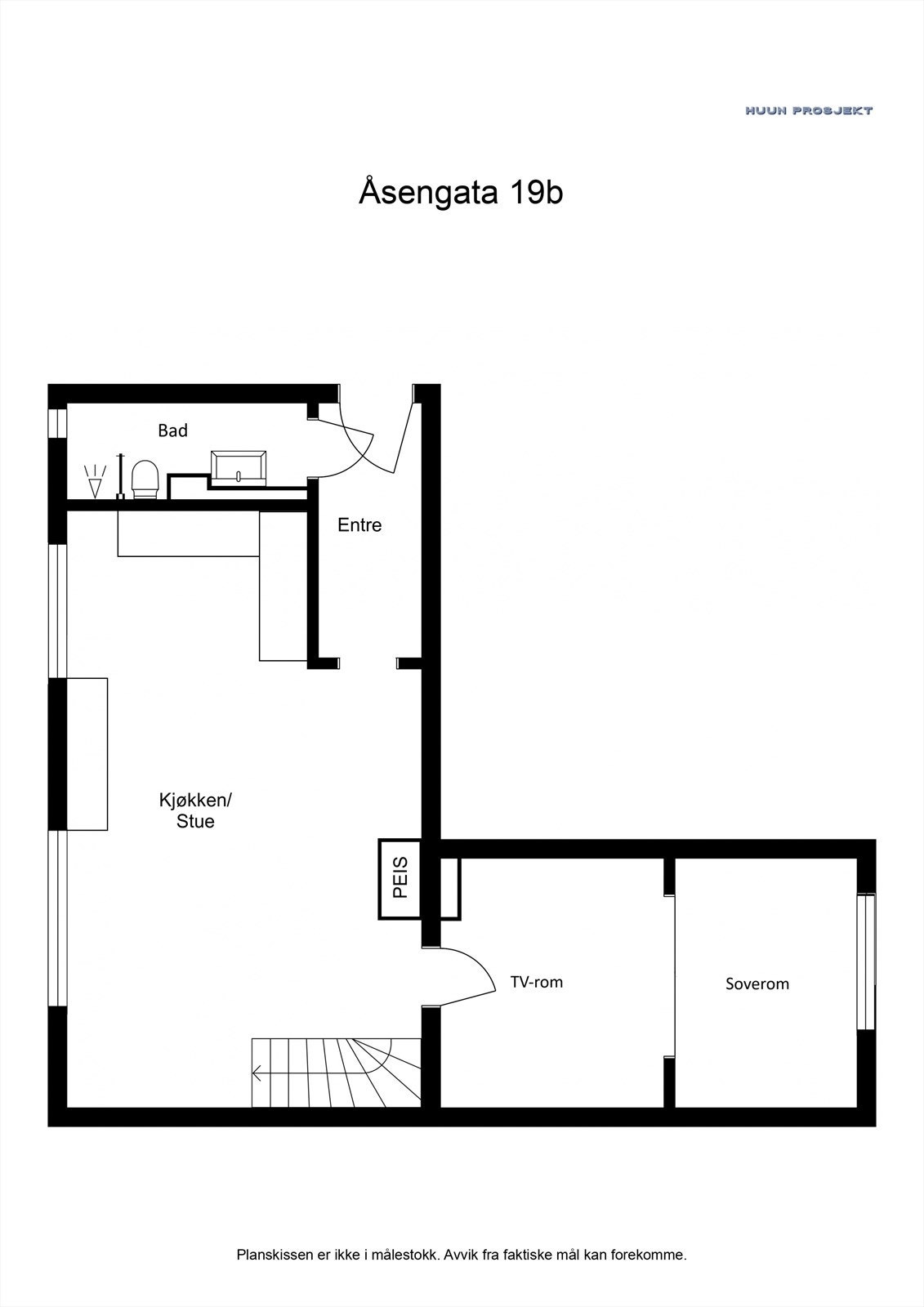 1. etg. (59 kvm BRA-i), består av: Soverom, kjøkken/stue, bad og gang. Galleribilde