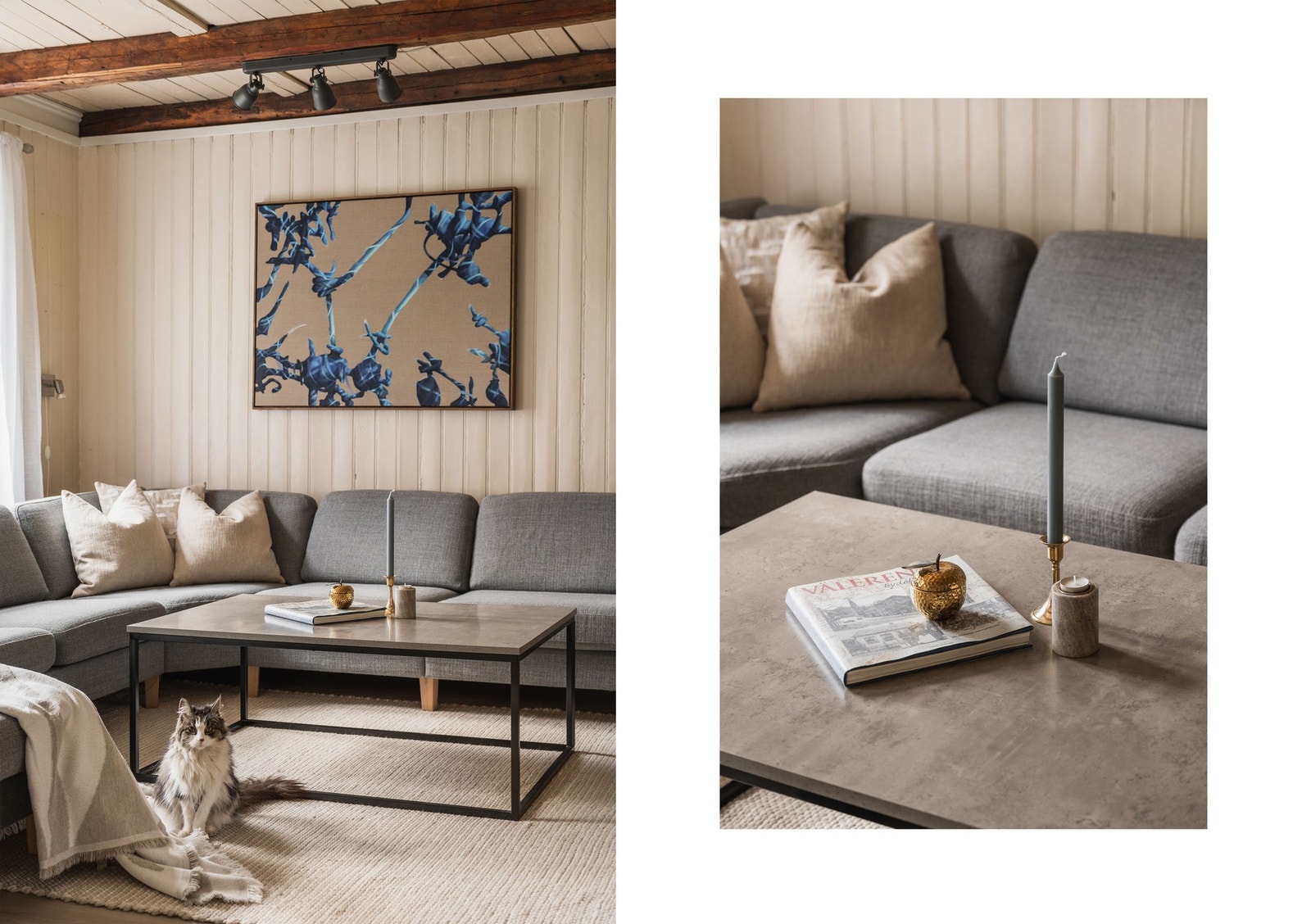 De originale trebjelkene i rommet skaper varme og fine kontraster til rommet. Galleribilde