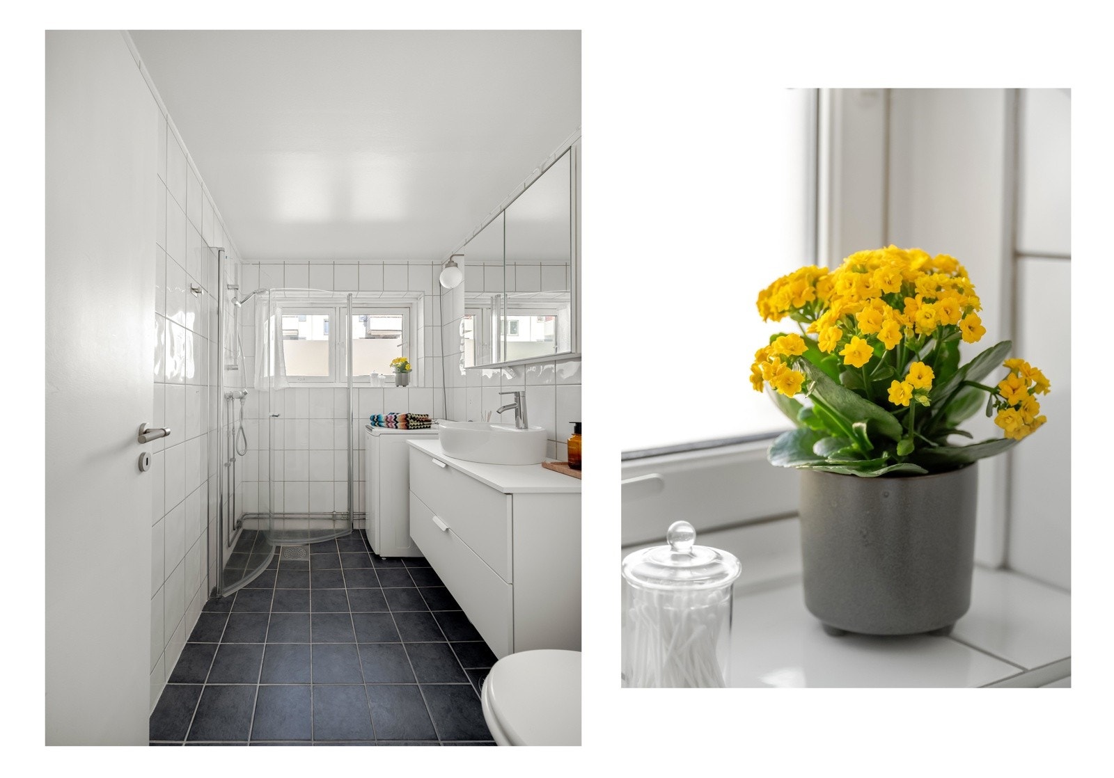 Fra entreen finner vi inngangen til badet, som ble renovert i regi av borettslaget i 2008. Det er lun gulvvarme og naturlig lysinnslipp fra vinduet. Galleribilde