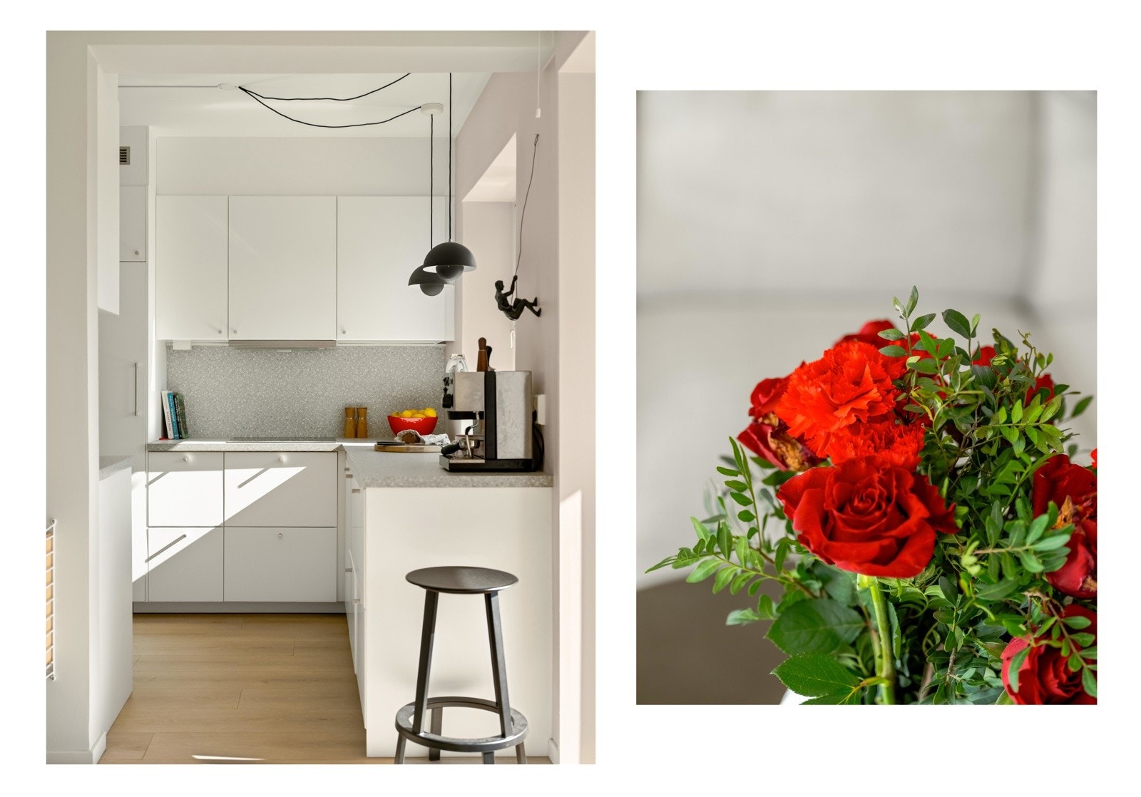 I 2022 ble deler av veggen mot kjøkkenet åpnet opp mot stuen. Det gjør at du nå får en super delvis åpning, så både er praktisk og lekkert. Galleribilde