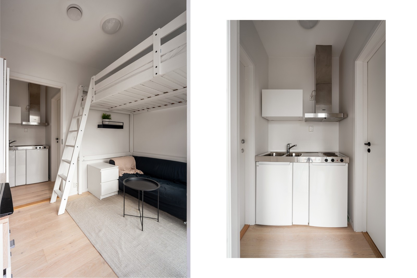 Hybelkjøkken med integrert platetopp og kjøleskap. Det er dør mellom hoveddel og hybel, som gjør det enkelt å bruke hele boligen selv!