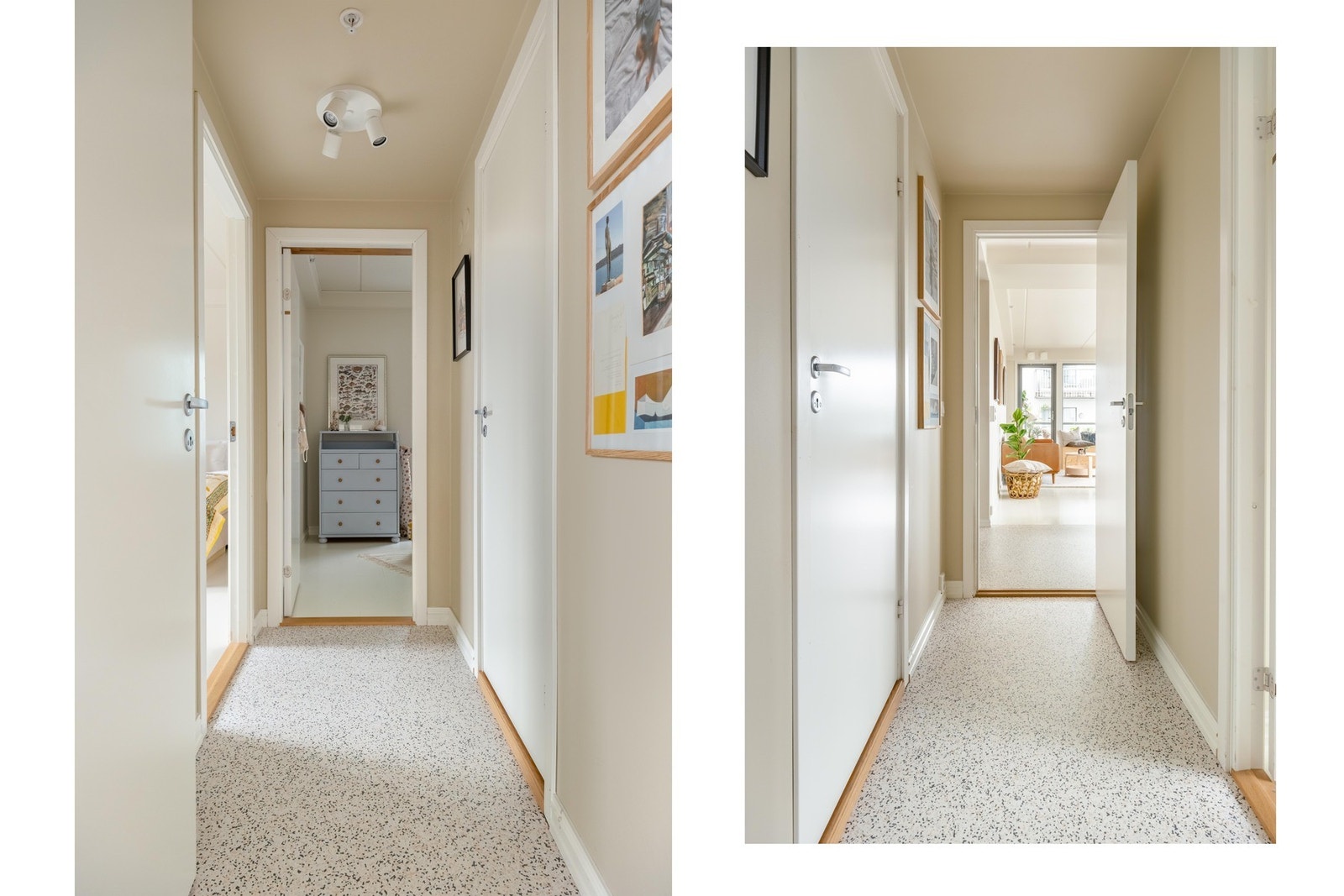 Gangen inn til soverommene. Legg merket til gulvbelegget: skikkelig stilig og tåler absolutt alt. Galleribilde