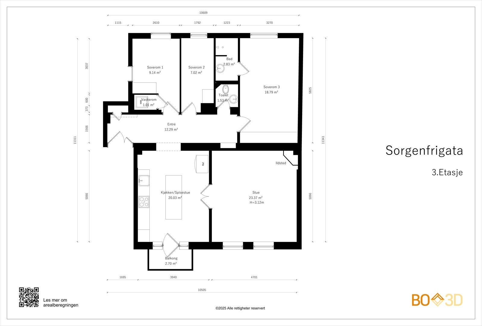 Boligen ligger i 3.etasje, har takhøyde på 3,12 meter og 105 kvm på ett plan. Boligen består av entré/hall, kjøkken med utgang til balkong, stue, 3 soverom, bad og separat wc. Galleribilde