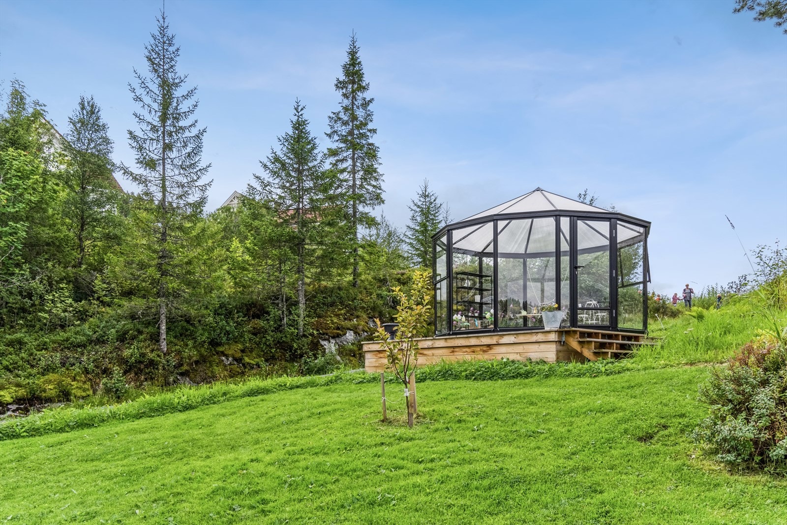 Hage bak huset med beplantninger, busker, trær, samt et drivhus på 13 m². Galleribilde