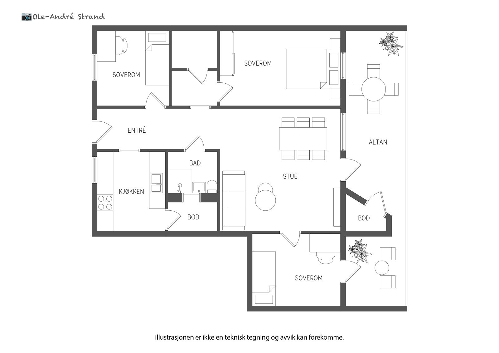 Innhold 8.etasje | 4-roms leilighet med entré/gang (6,2 m²), mellomgang (1,8m²), bad (3,1 m²), soverom (12,8 m²), soverom 2 (8,4 m²), soverom/kontor(9,2 m²), stue (21,5 m²), kjøkken (9 m²), bod (2,2 m²), kott (1,2 m²) og bod med tilkomst fra altan på 1,8 Galleribilde