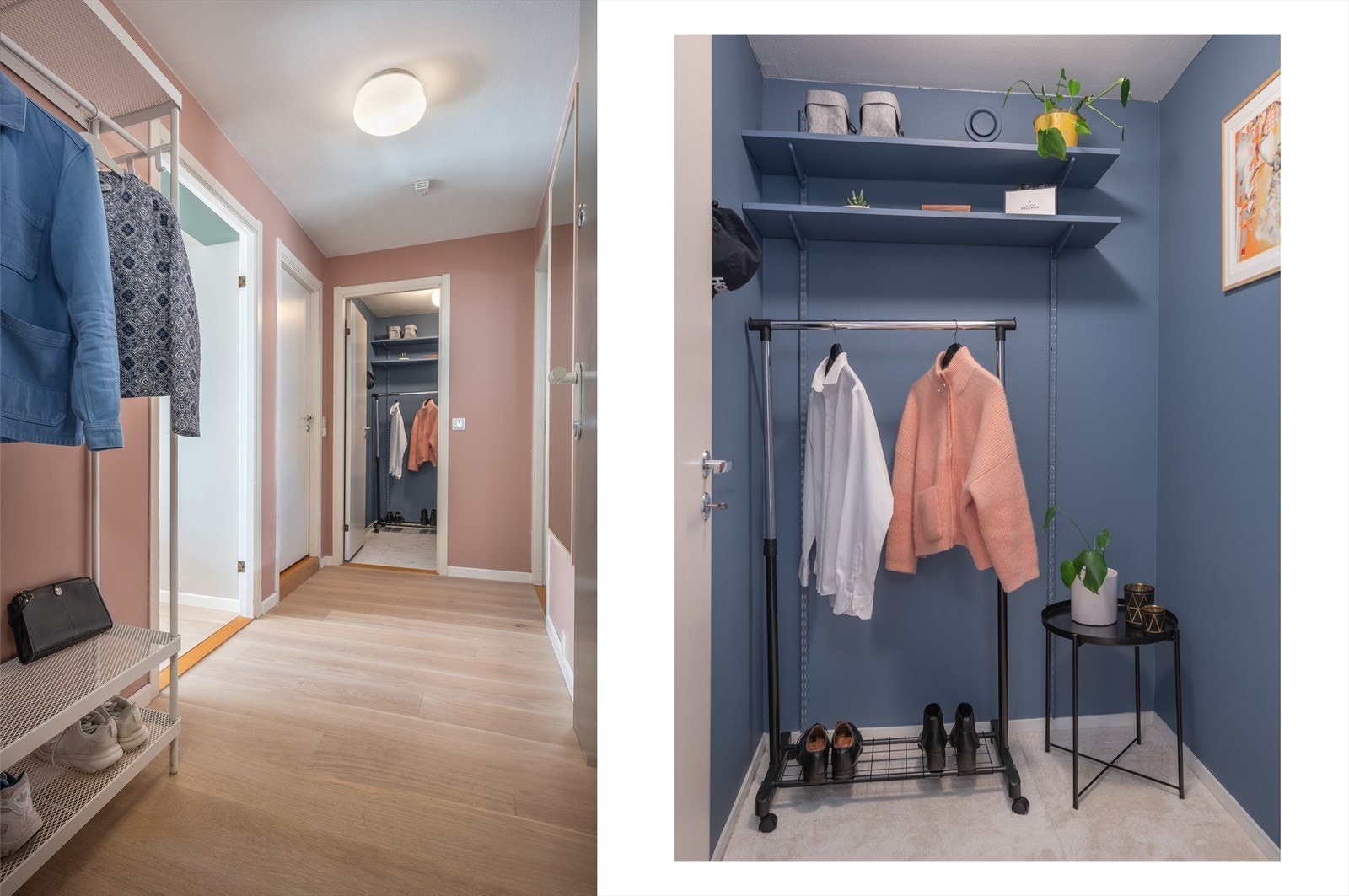 Velkommen inn! Innbydende entré med god plass til oppheng av yttertøy og adkomst til innvendig bod som kan brukes som walk-in-closet. Galleribilde