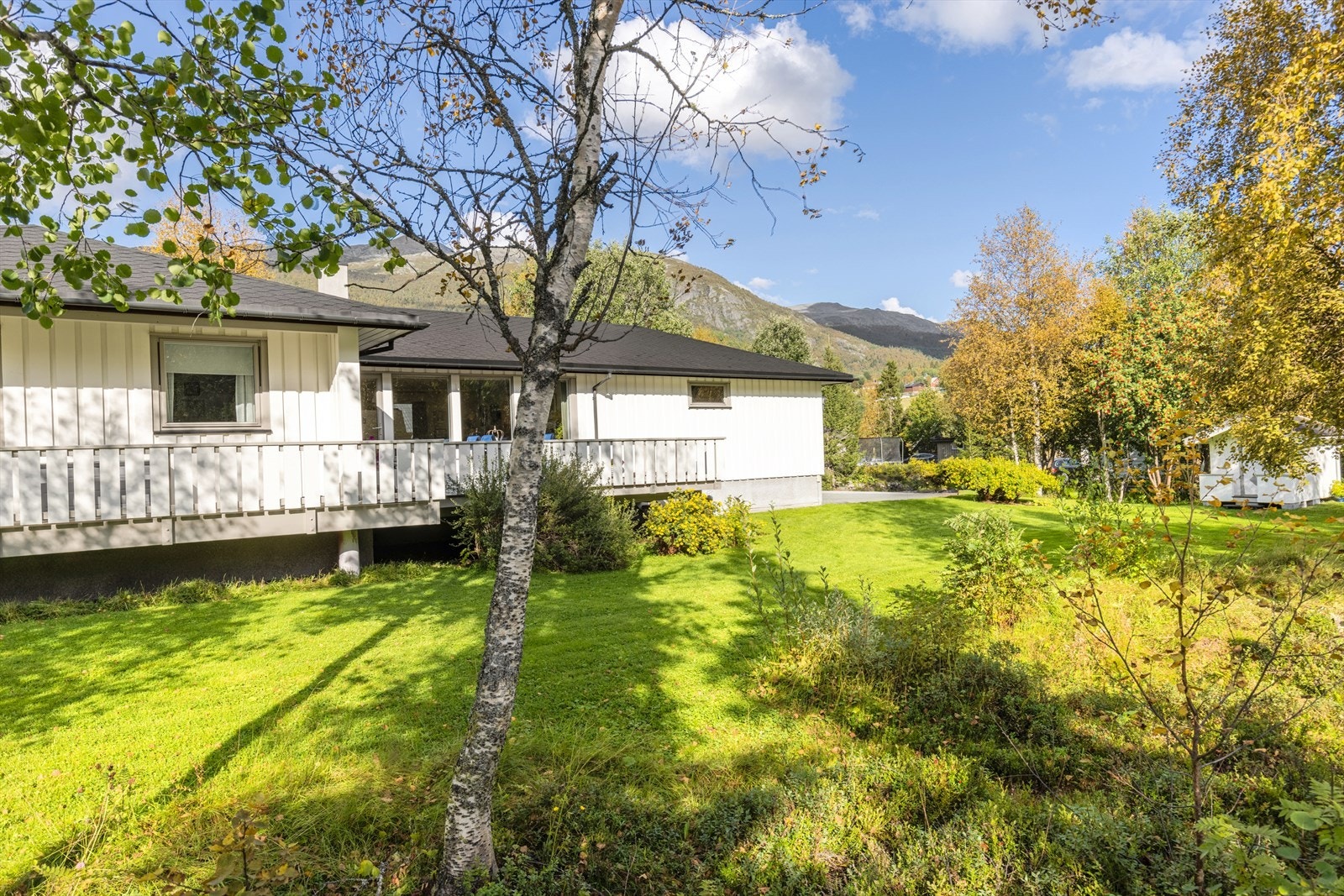 Hagen er opparbeidet med plen og stedlige maser mot elven. Galleribilde