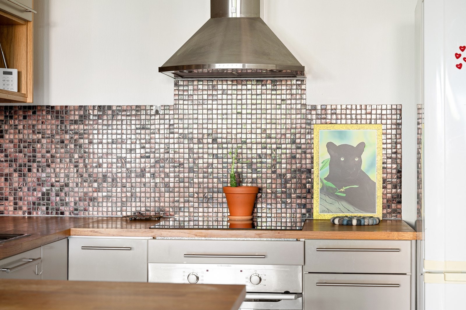 Integrert platetopp, oppvaskmaksin og stekeovn. Frittstående kjøleskap. Galleribilde