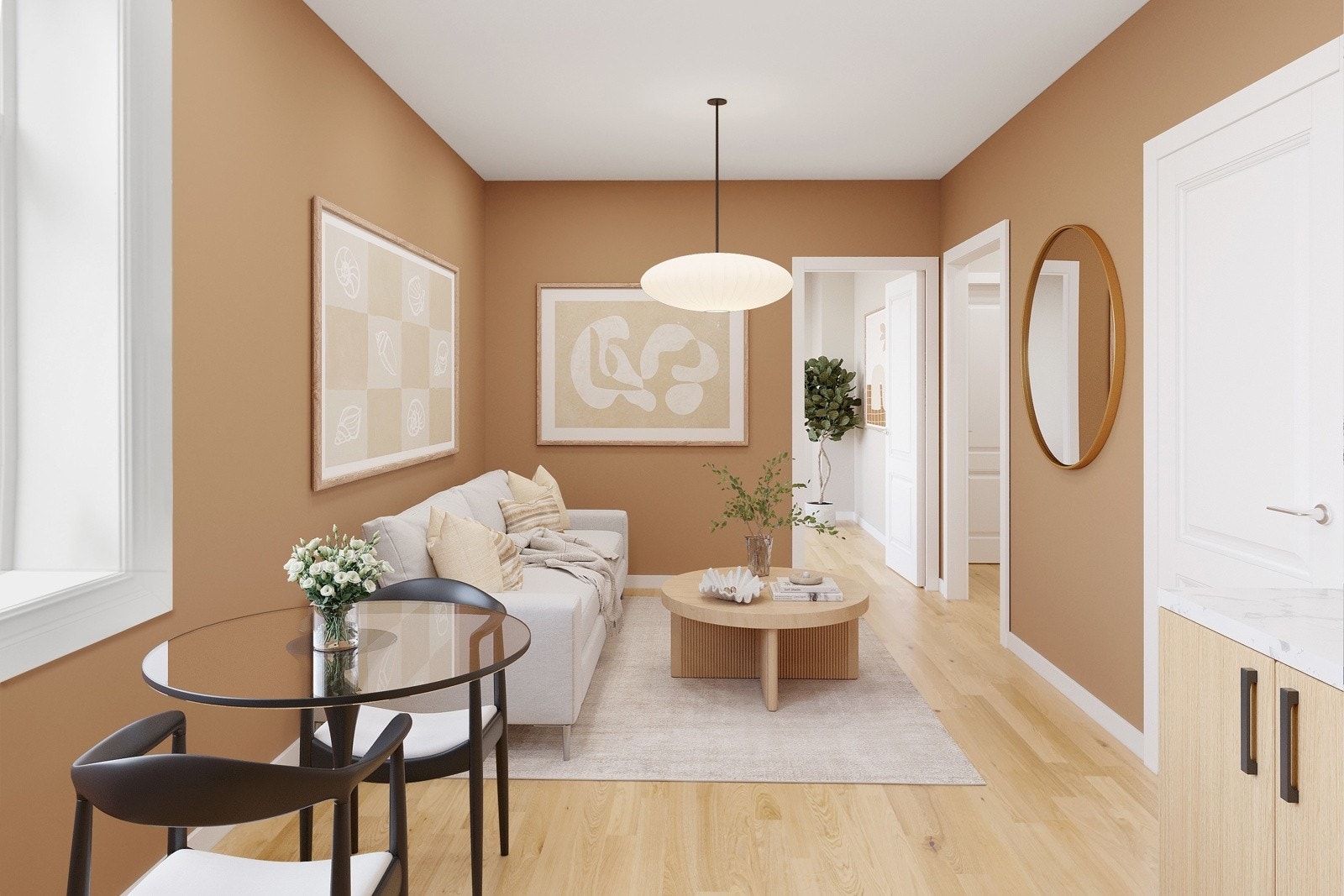 Illustrasjonsbilde for å vise hvordan boligen kan se ut ved etablering av soverom og flytte veggen vellom stue og kjøkken. Avvik kan forekomme. Galleribilde