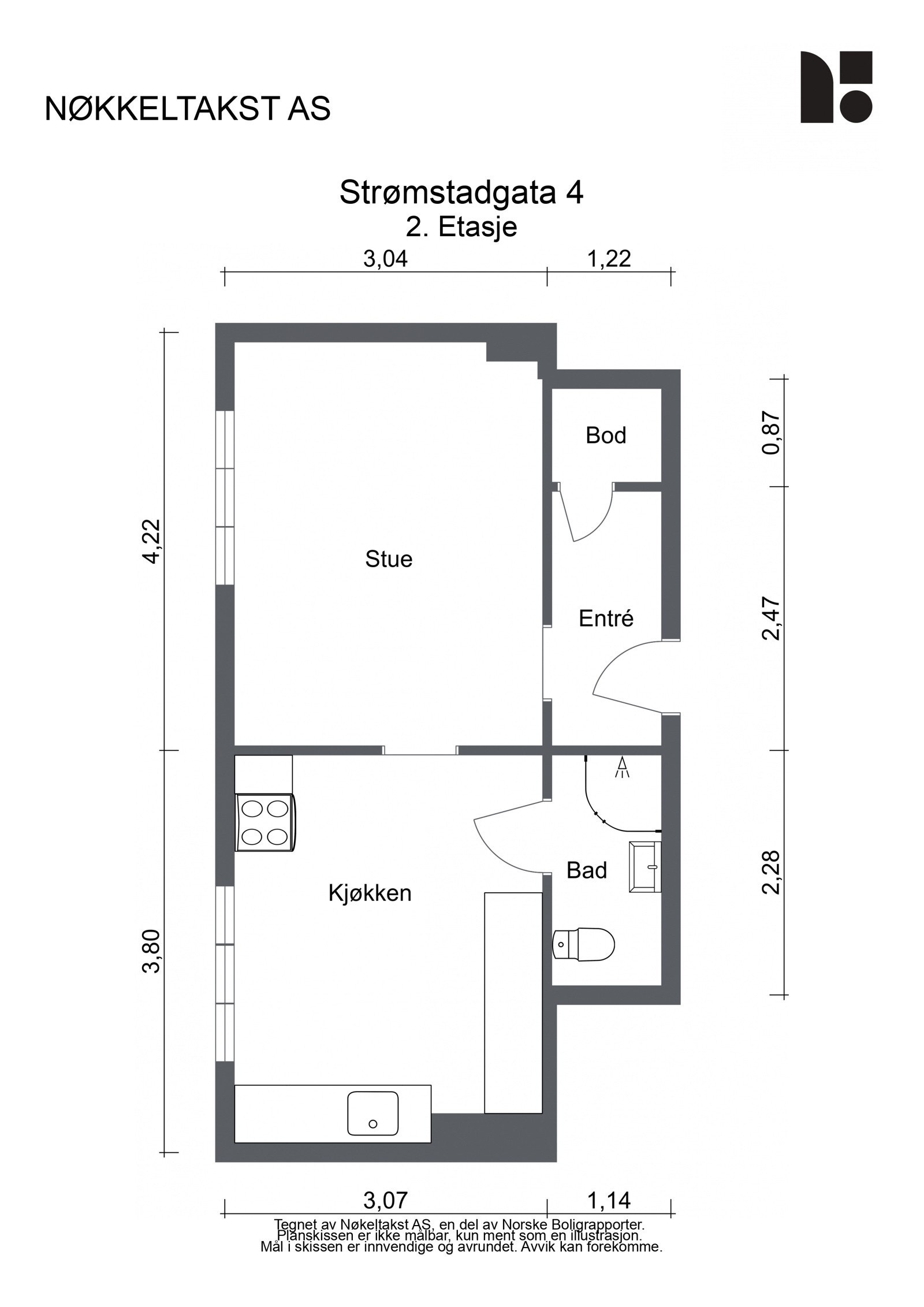 Strømstadgata 4, 2.etg (32 kvm): Entré med kott, stue/sov, kjøkken og baderom fra 2022. Godt med lagring i 2 boder med tot 8 kvm. Galleribilde