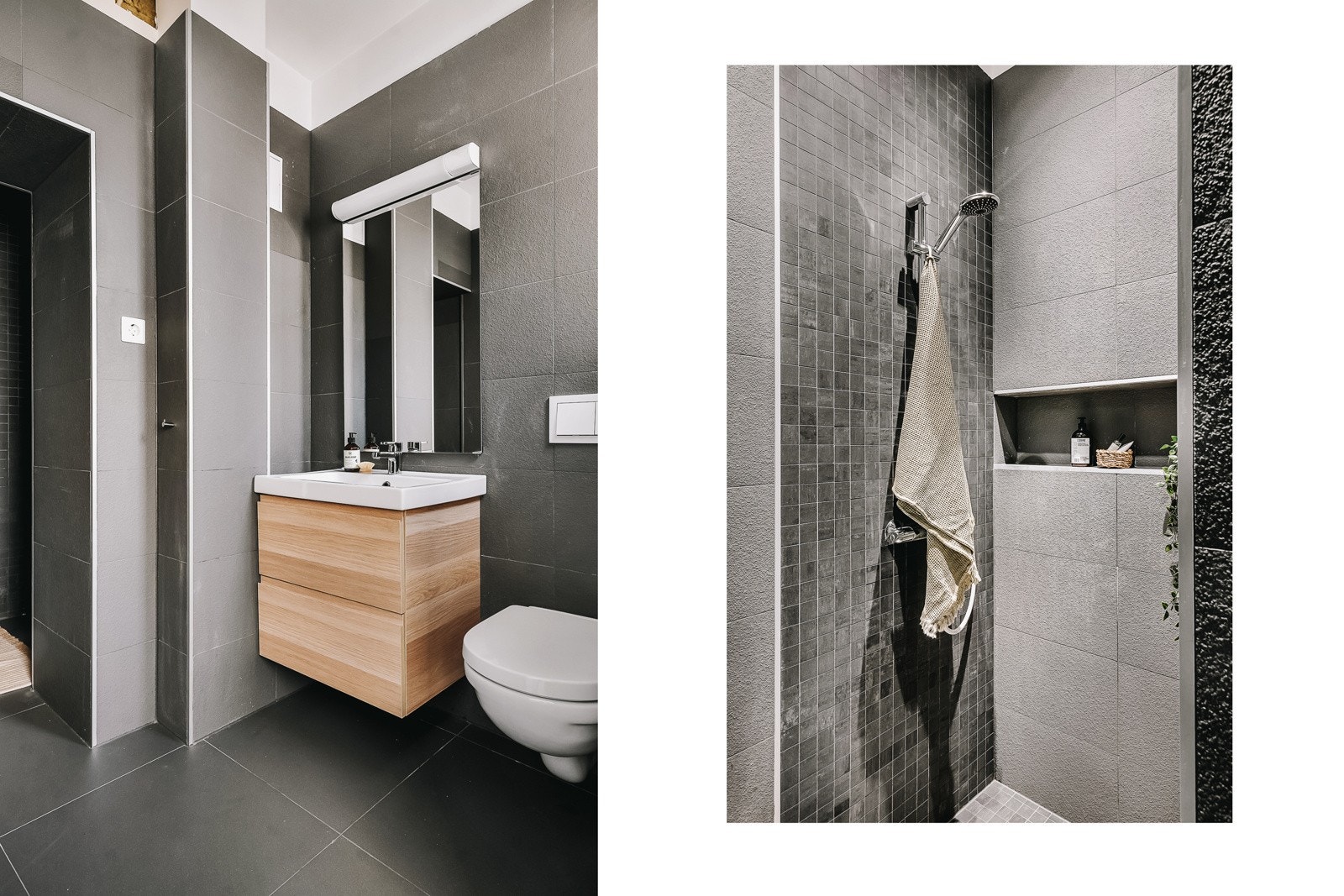 Det moderne og delikate badet på 4,6 kvm fremstår som svært innbydende. Badet er innredet med vegghengt toalett, elegant baderomsinnredning, dusjløsning og opplegg for vaskemaskin. Galleribilde