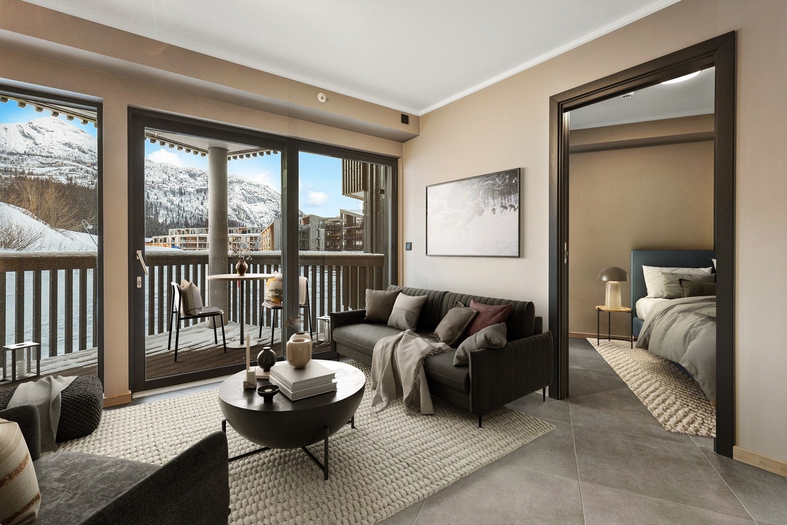 Leiligheten ansees som helt ny og er ikke tatt i bruk. Hyggelig oppholdsrom med utgang til balkong (digitalt møbler). Galleribilde