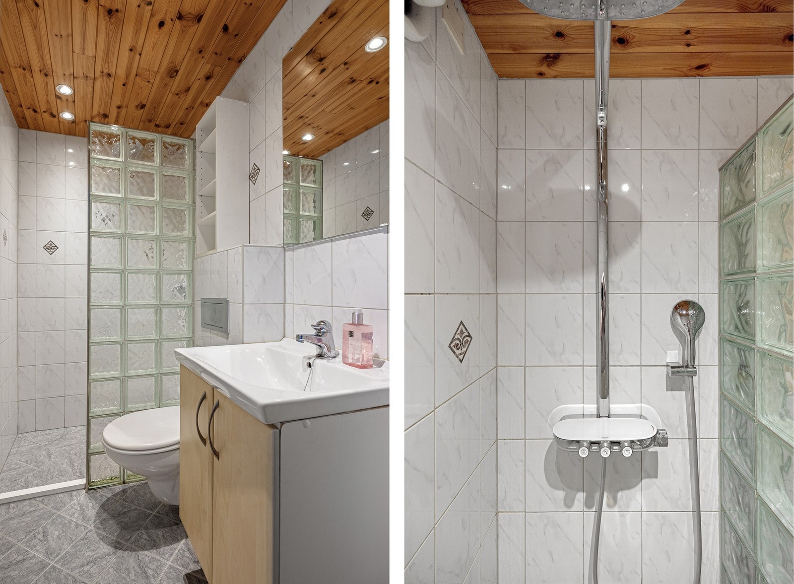 Badet i underetasjen og er innredet med toalett, dusj og servant med oppbevaring. Galleribilde