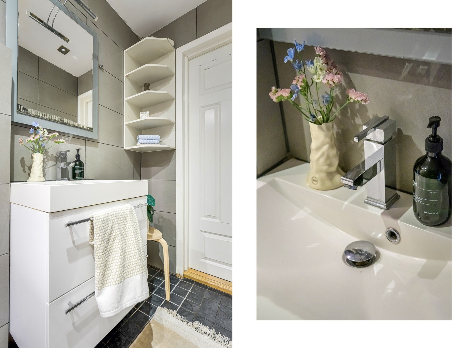 Badet inneholder vegghengt innredning med skuffer og heldekkende servant, speil med overbelysning, vegghengt wc og dusjhjørne med regnfallsdusj og glassdør. Galleribilde