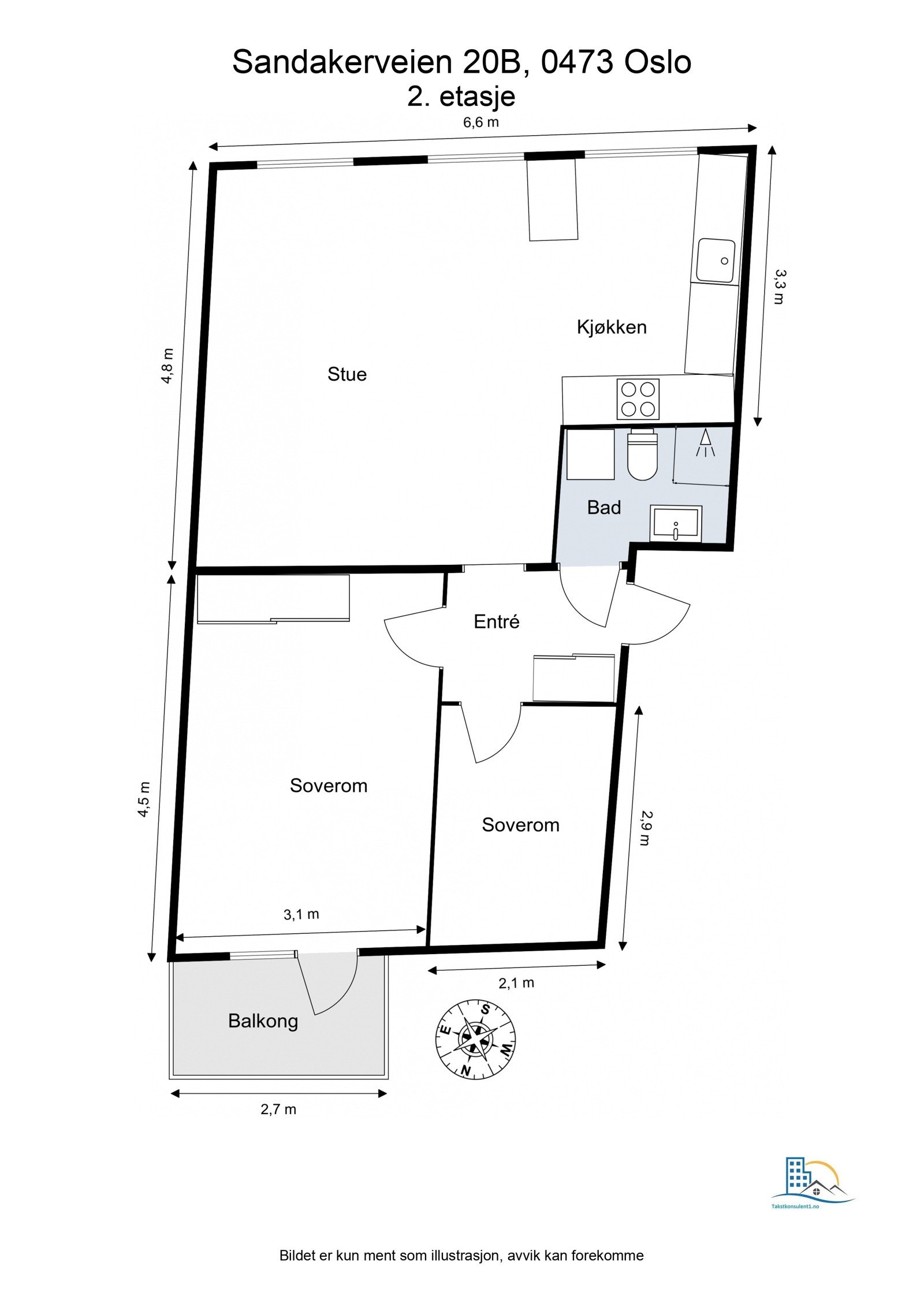 Leiligheten har to gode soverom og en stor, sosial sone. Galleribilde