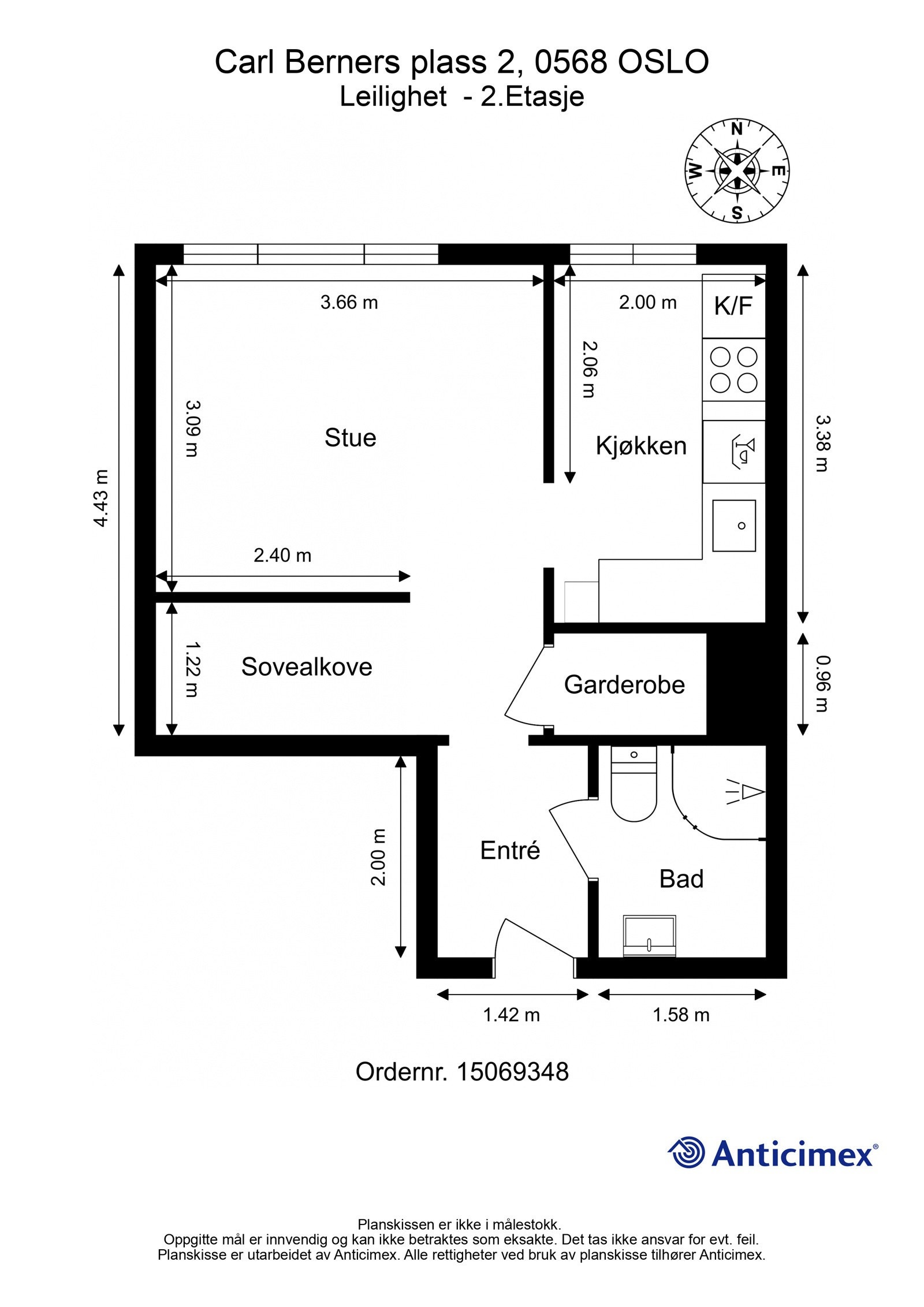 Planskisse med mål og kompass. Galleribilde