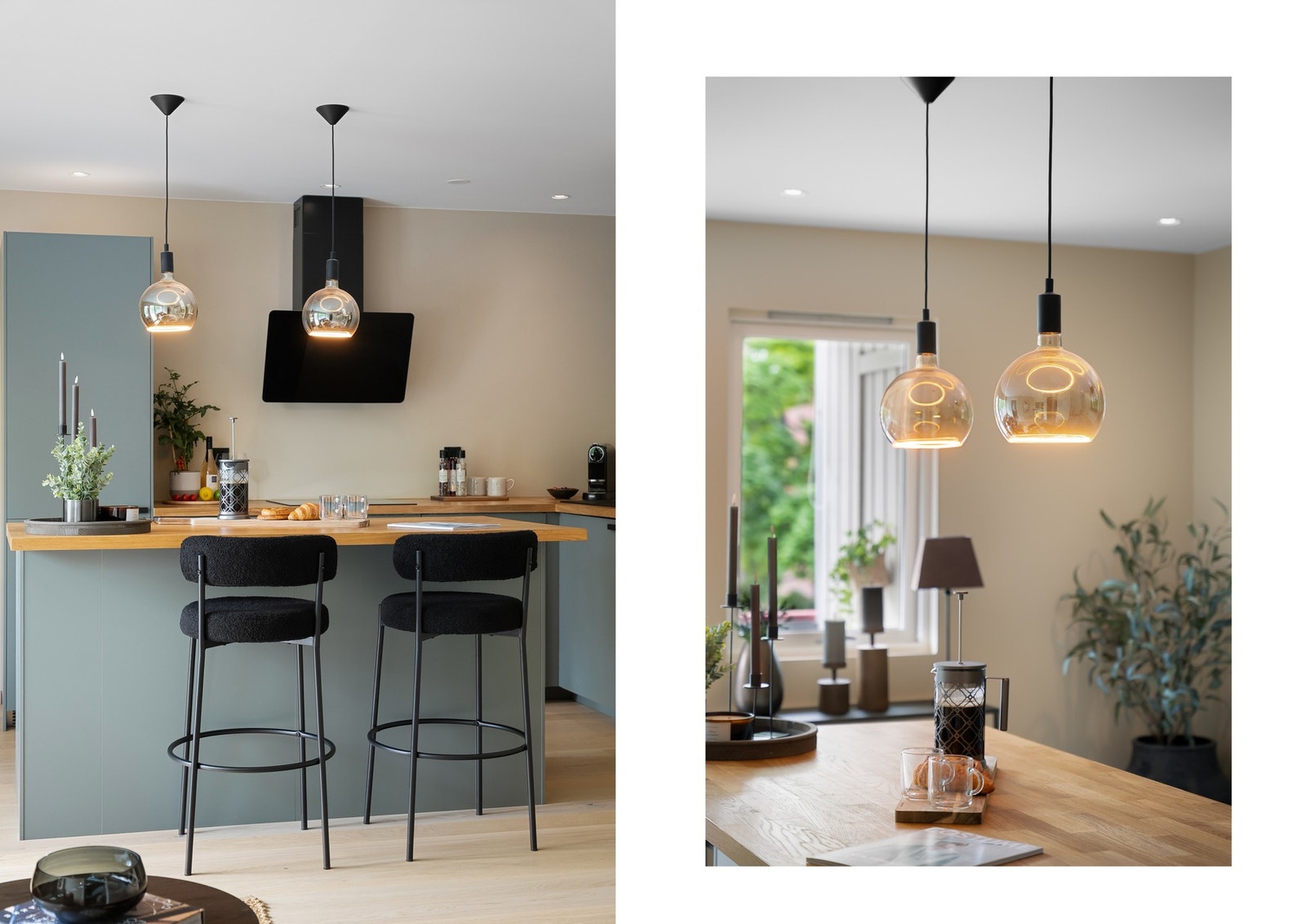 Kjøkkeninnredningen er fra IKEA med malte, glatte fronter i sjarmerende farge som spiller godt på lag med benkeplatene av eik Galleribilde