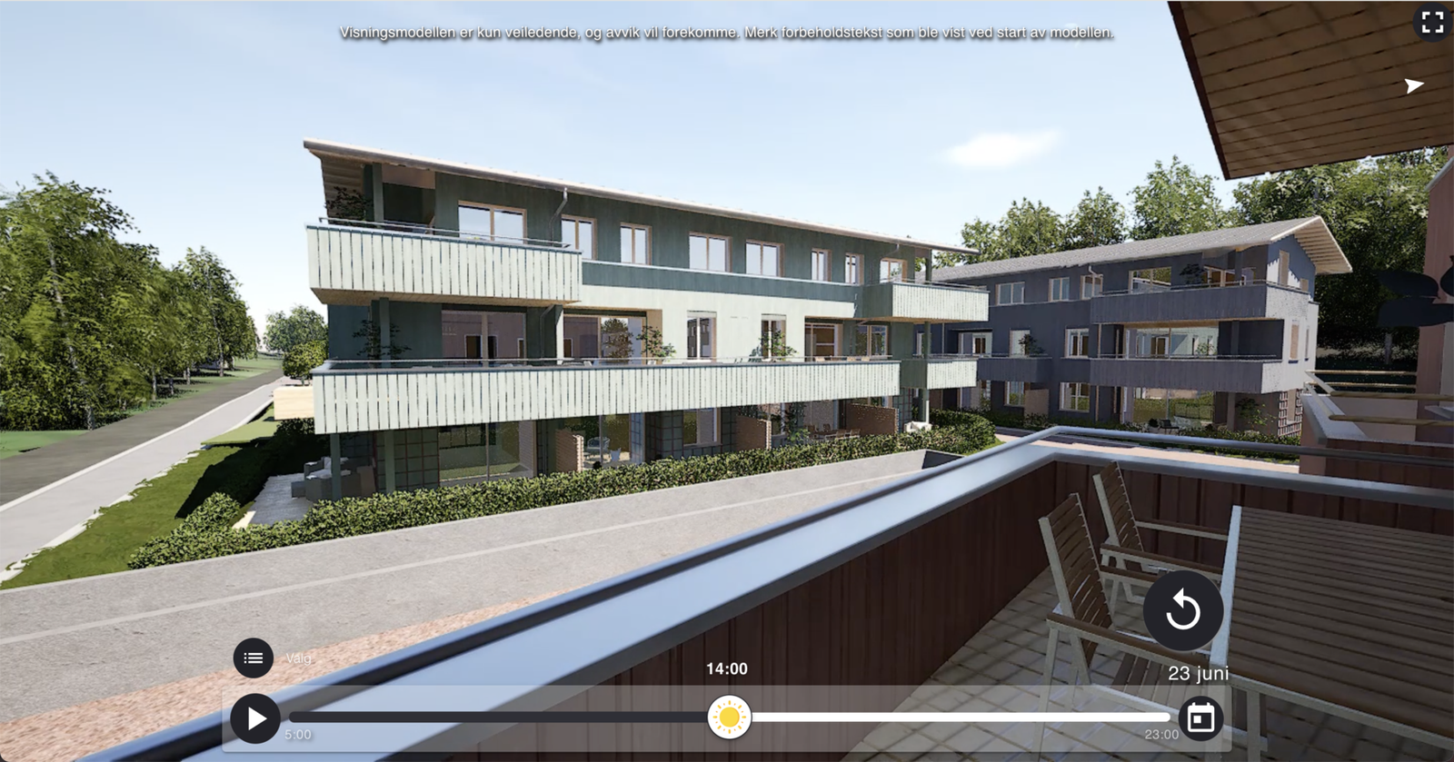 Bildet er fra den interaktive solmodellen og viser utsynet fra den aktuelle leiligheten Galleribilde