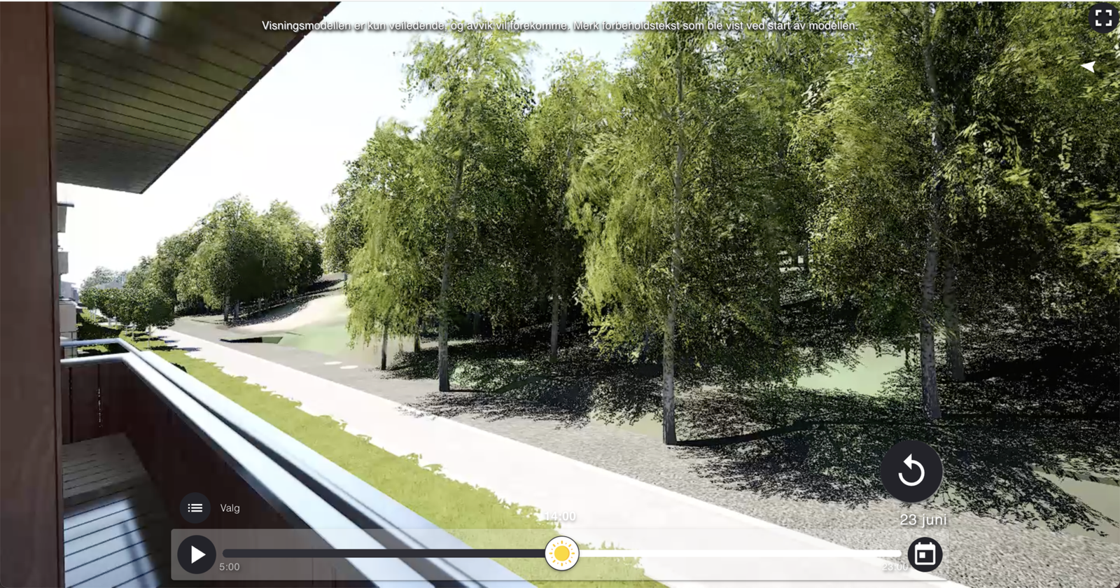 Bildet er fra den interaktive solmodellen og viser utsynet fra den aktuelle leiligheten Galleribilde