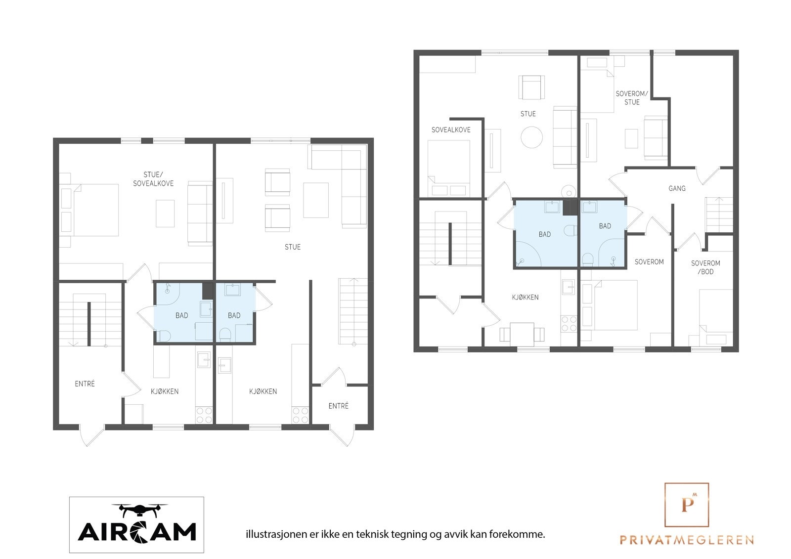 Plantegning over 1 og 2 etasje i 2D Galleribilde