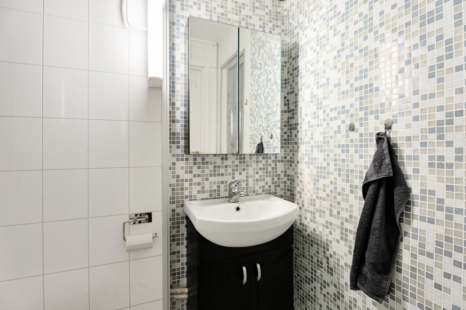 Bad innredet med servant, dusjkabinett og WC, hovedleilighet Galleribilde