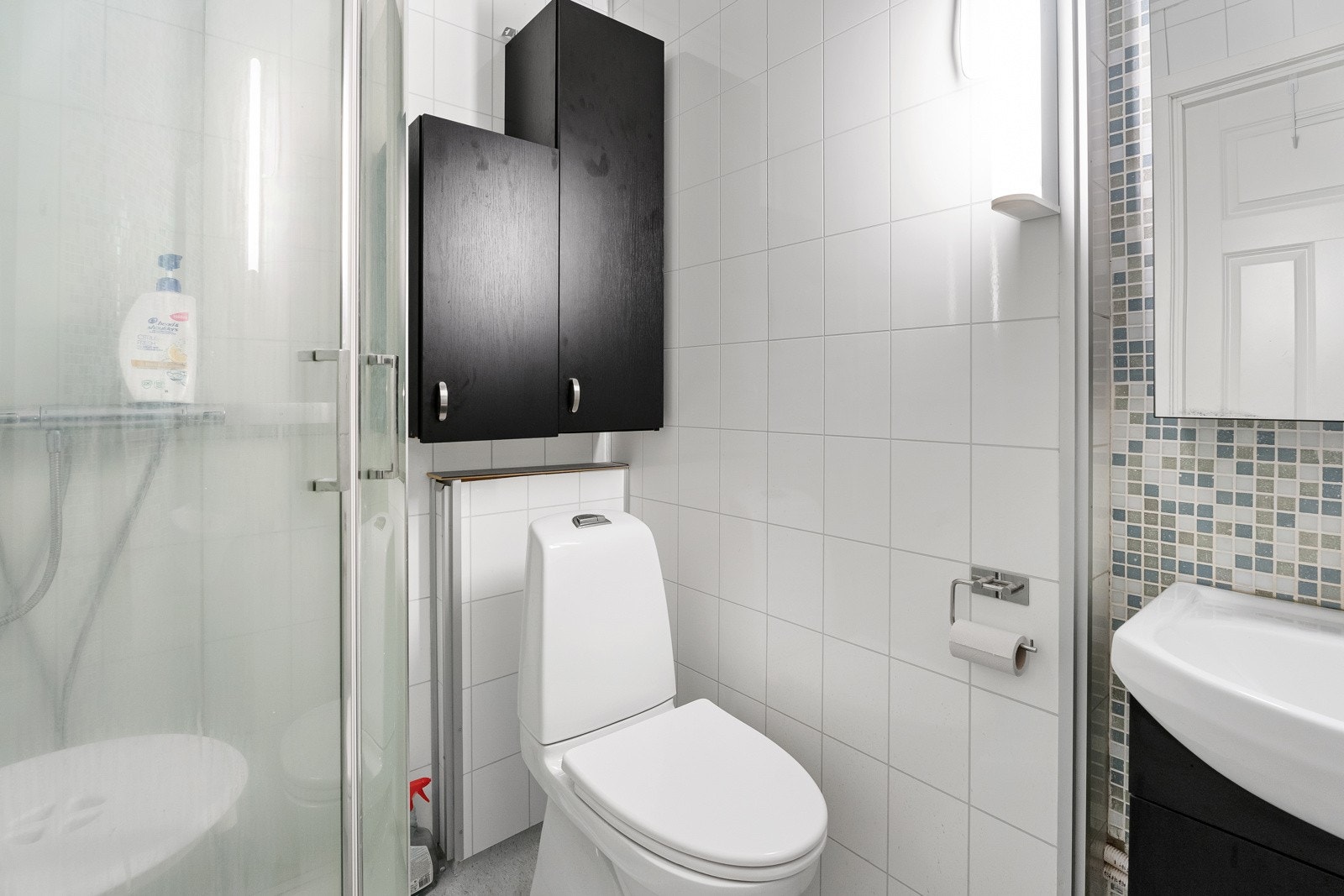 Bad innredet med servant, dusjkabinett og WC, hovedleilighet Galleribilde