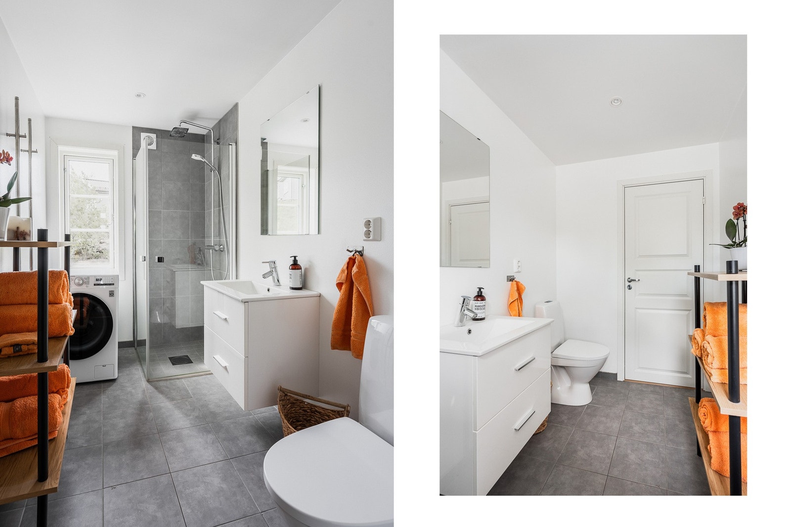 Badet er pent og moderne med flislagt gulv og dusjhjørne m/ regnfallsdusj. Pen innredning, toalett, gulvvarme, downlights samt opplegg for vaskemaskin. Galleribilde