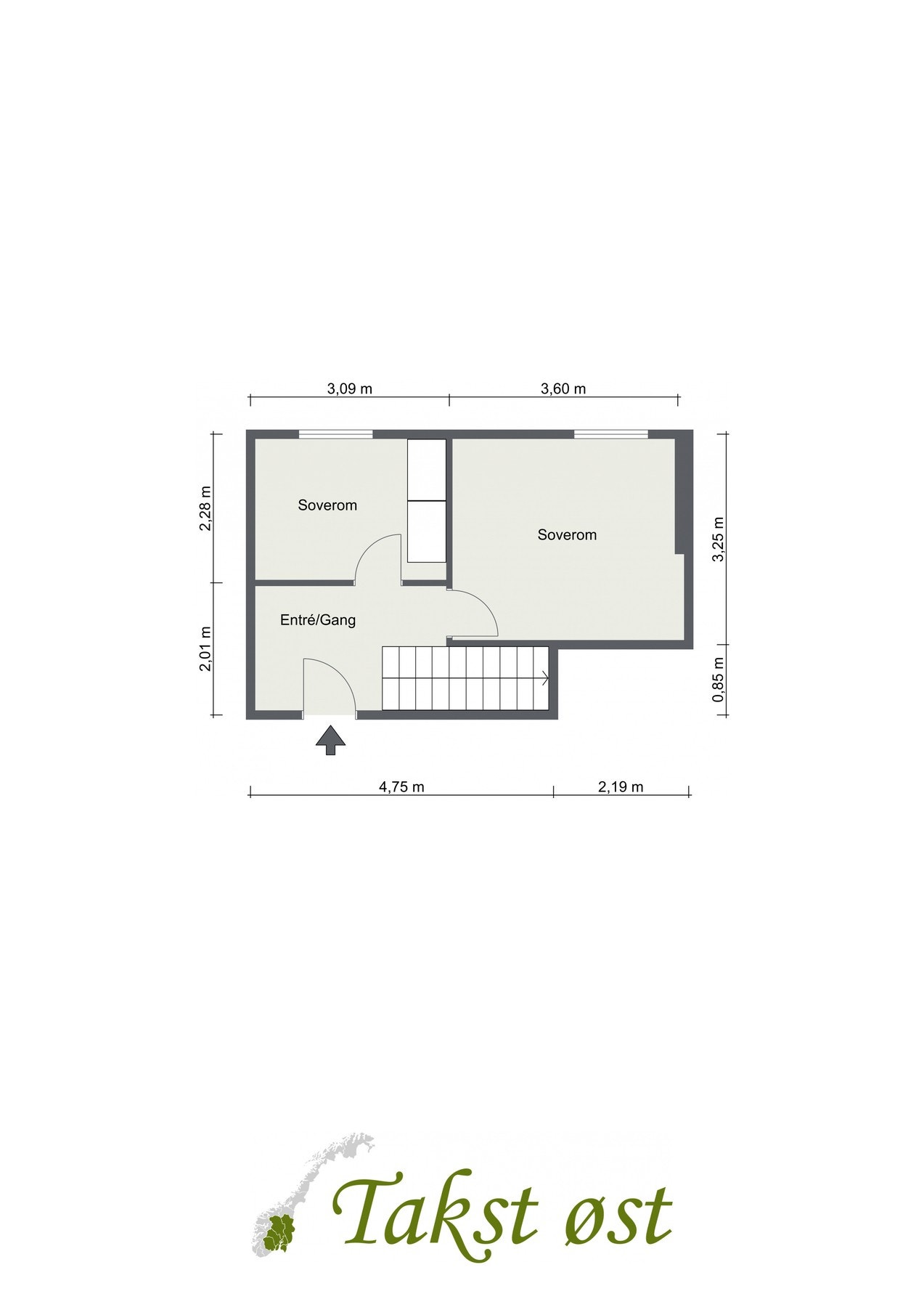Plantegning av leilighetens nederste etasje, med boligen øvrige soverom og entré med trapp opp til leilighetens hovedetasje Galleribilde