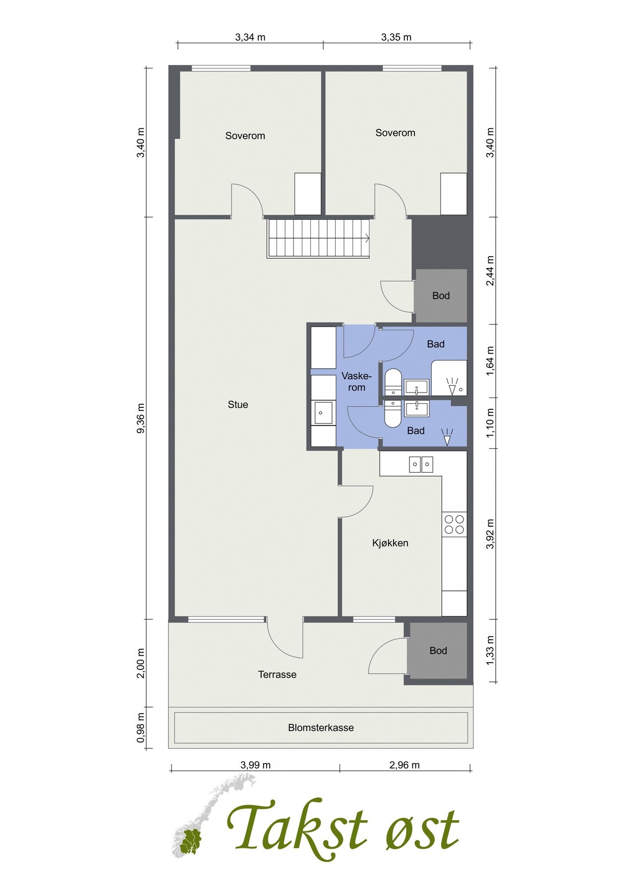 Plantegning av leilighetens øvre etasje. Denne etasjen fungerer som leilighetens hovedetasje Galleribilde