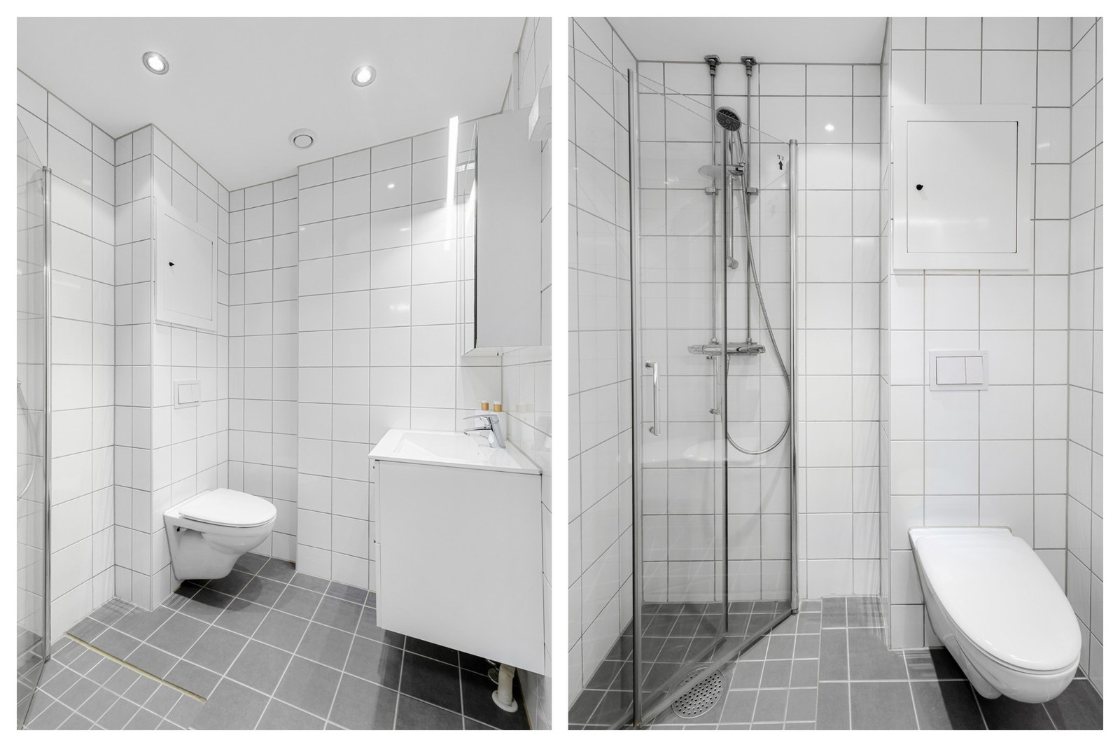 Badet er utstyrt med veggmontert klosett og dusjsone med svingbare glassdører, samt servantskap med glatte fronter og heldekkende servant. Galleribilde
