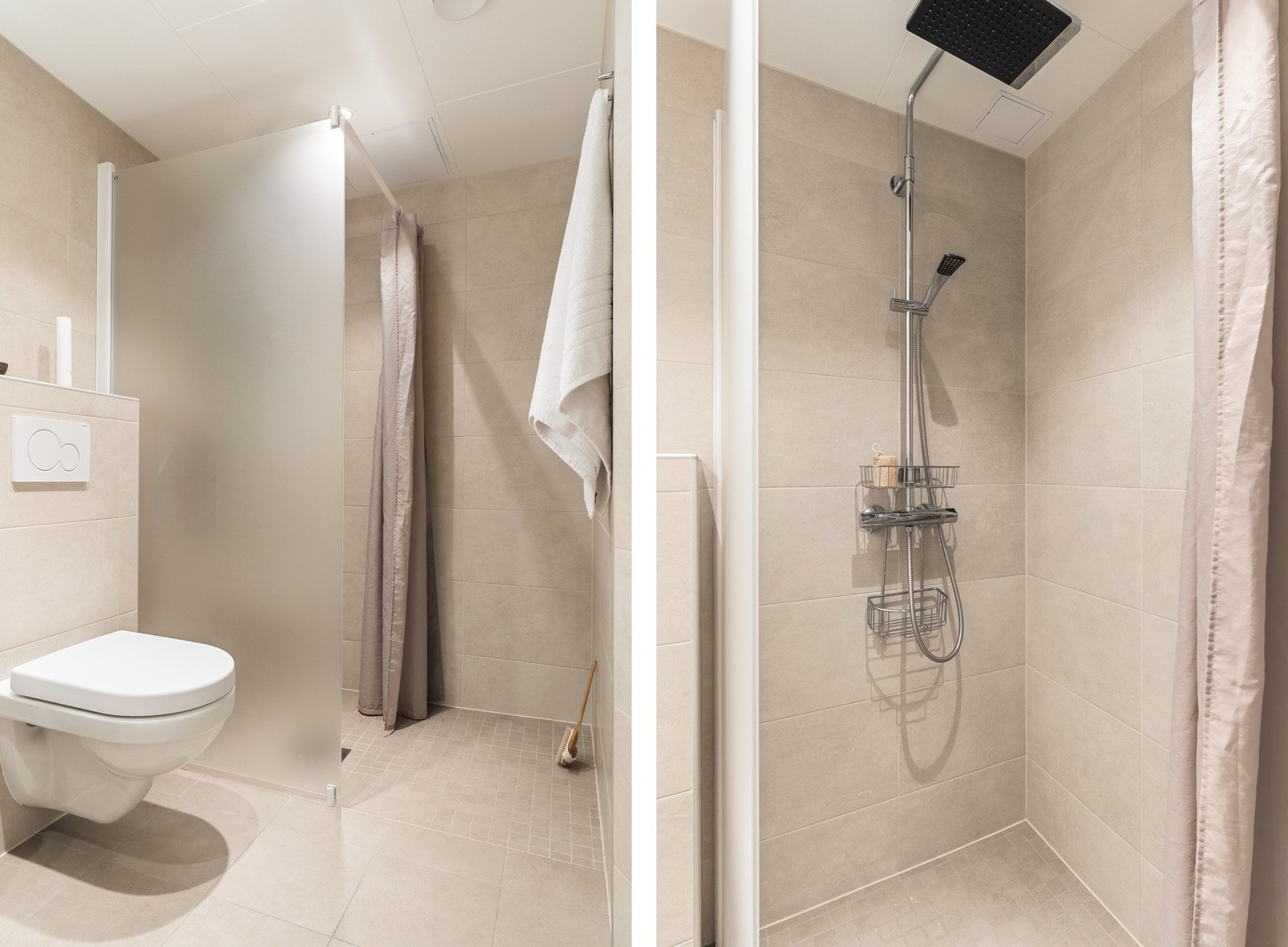 Det er innredet med baderomsinnredning med nedfelt servant, toalett, dusjhjørne og opplegg for vaskemaskin. Galleribilde