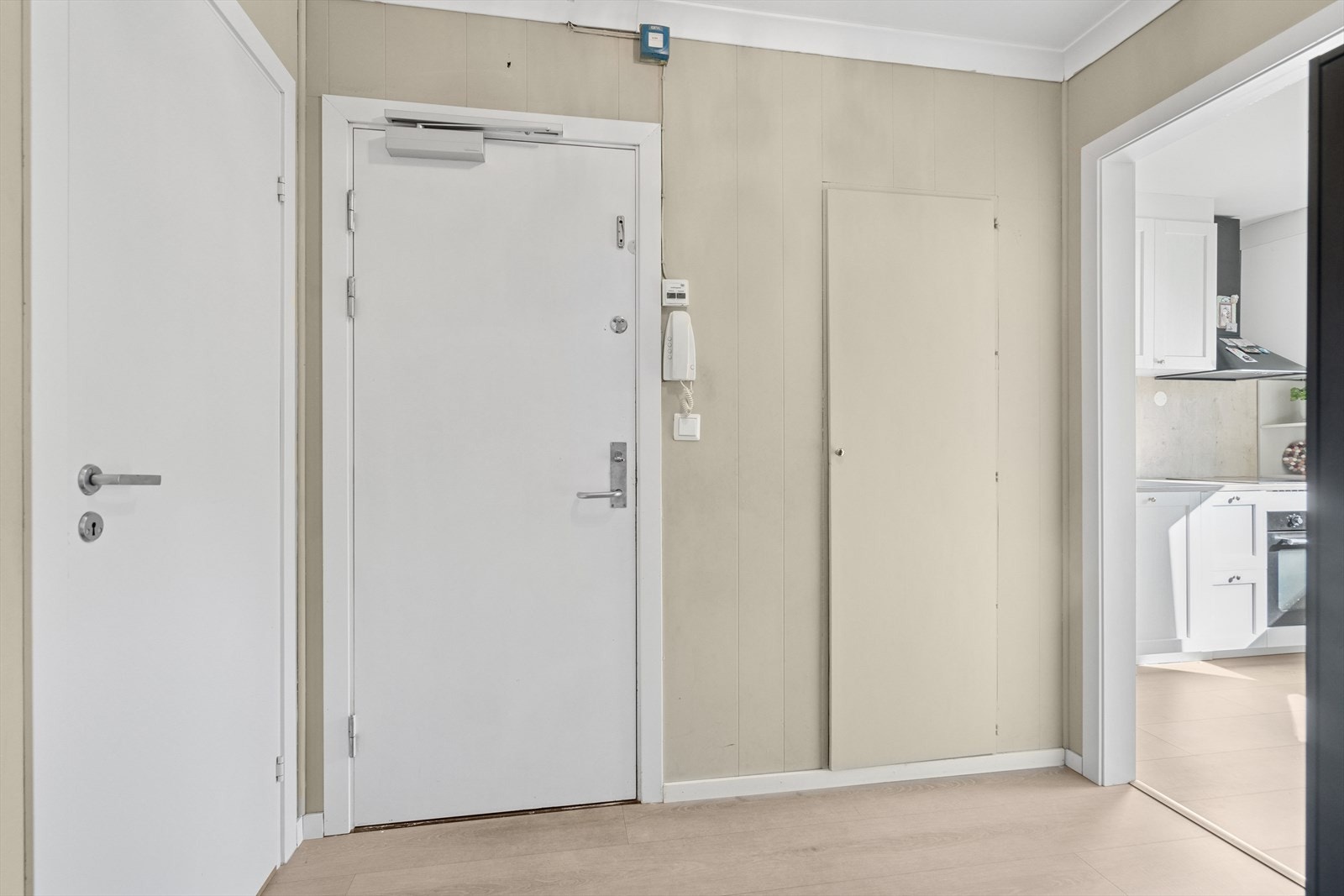 Velkommen inn! Gangen byr på en praktisk liten bod/garderobe bak døren som er malt i samme farge som veggen. Galleribilde