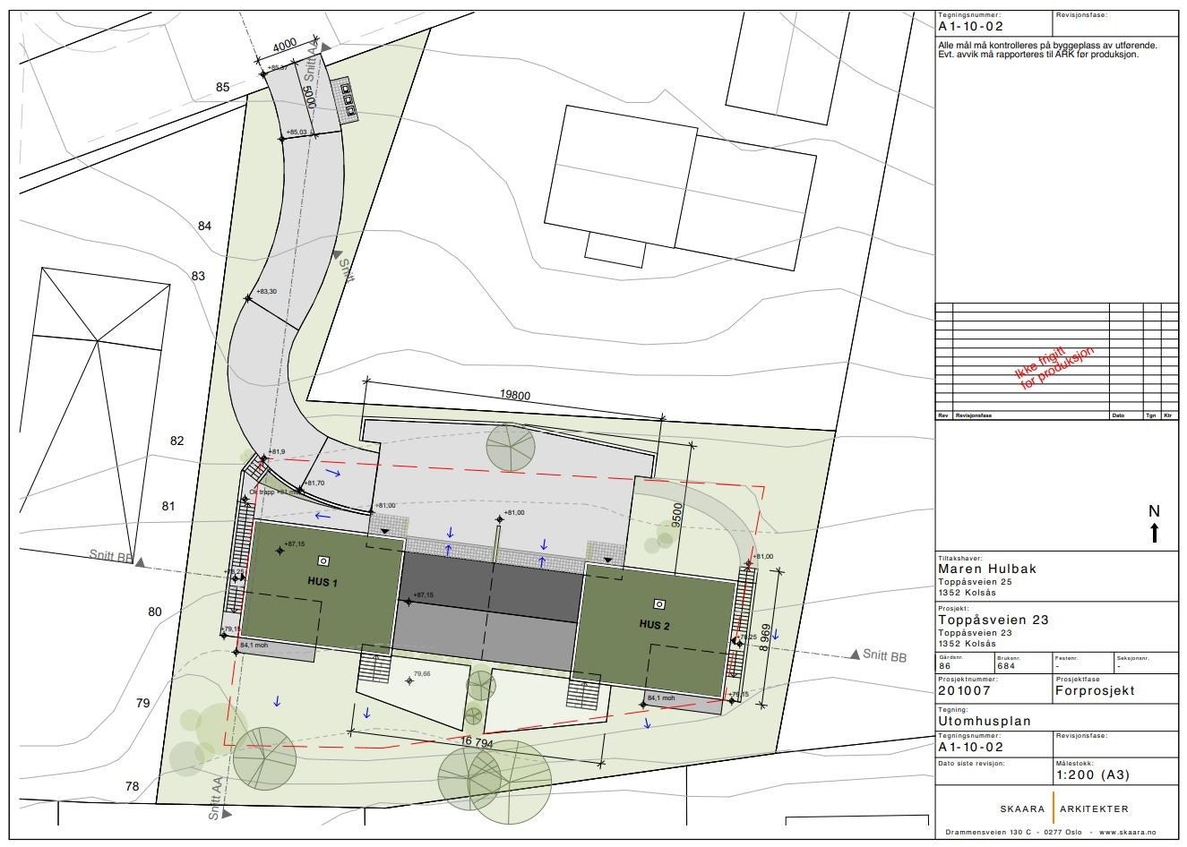 Forslag til bygnign tegnet av Skaara arkitekter for aktuell tomt. Resterende tegningsunderlag kan oversendes på forespørsel. Galleribilde