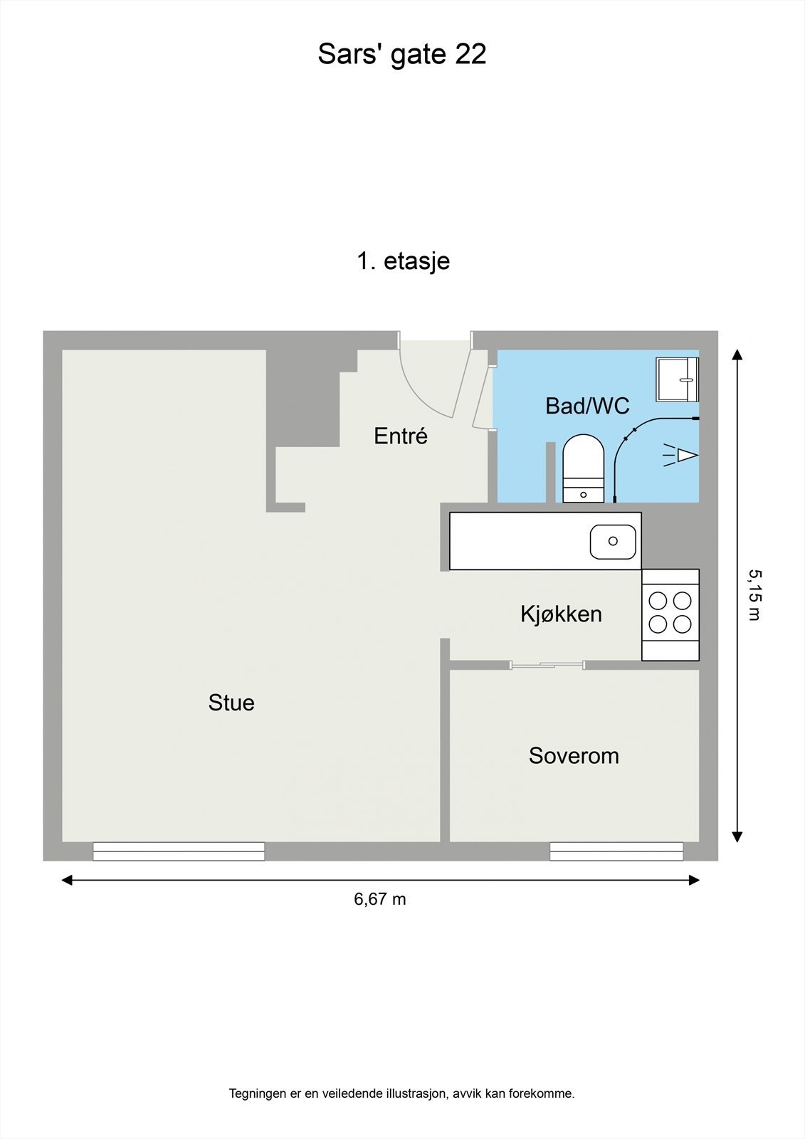 Leiligheten ligger i 1.etasje og inneholder en innbydende entrè, romslig stue, kjøkken i delvis åpen løsning mot stuen, bad og soverom. Galleribilde